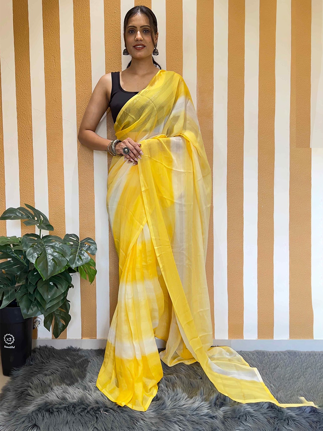 

HERE&NOW Striped Poly Georgette Saree, Yellow