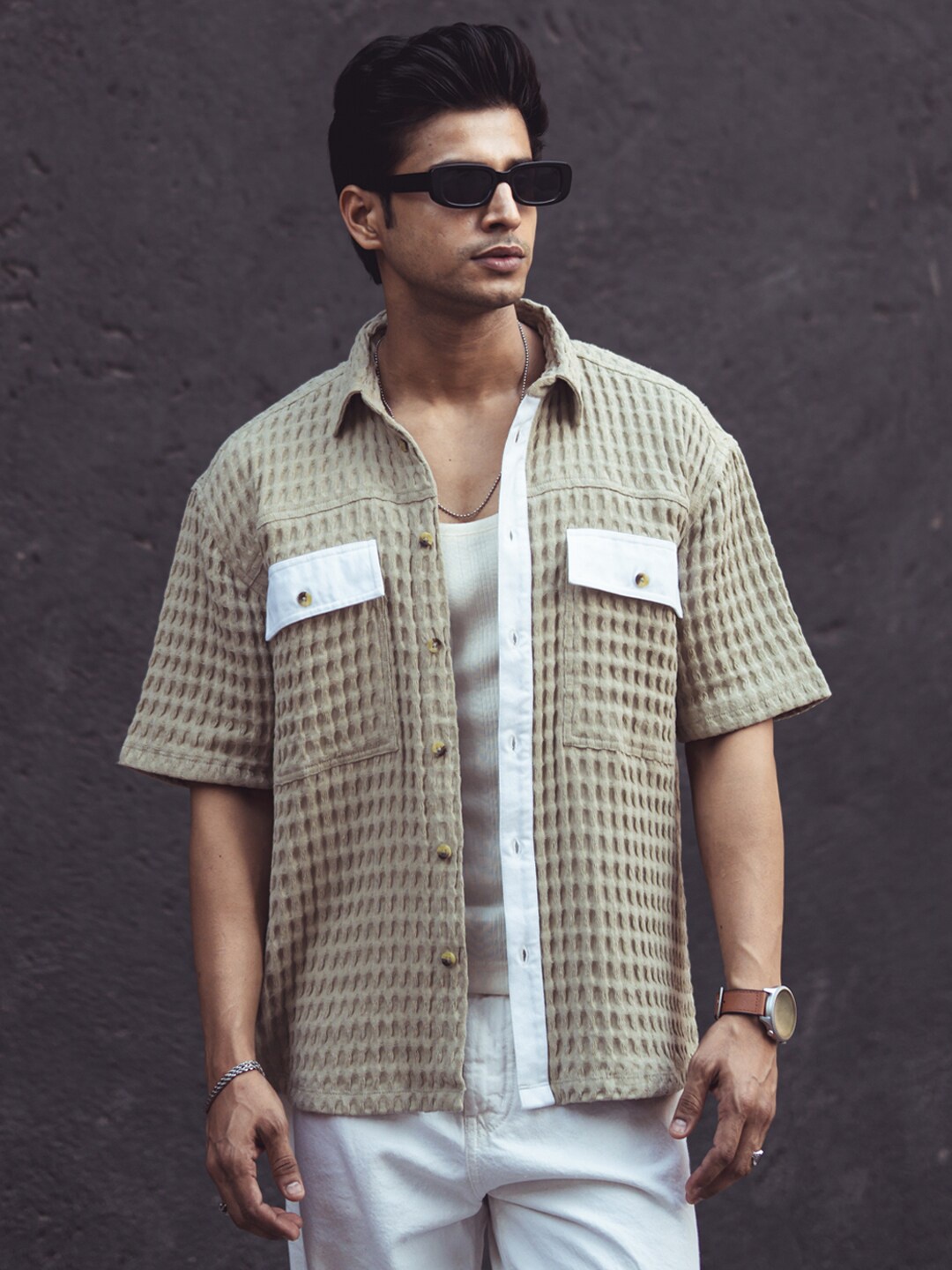 

Powerlook India Slim Oversized Checked Pure Cotton Casual Shirt, Green