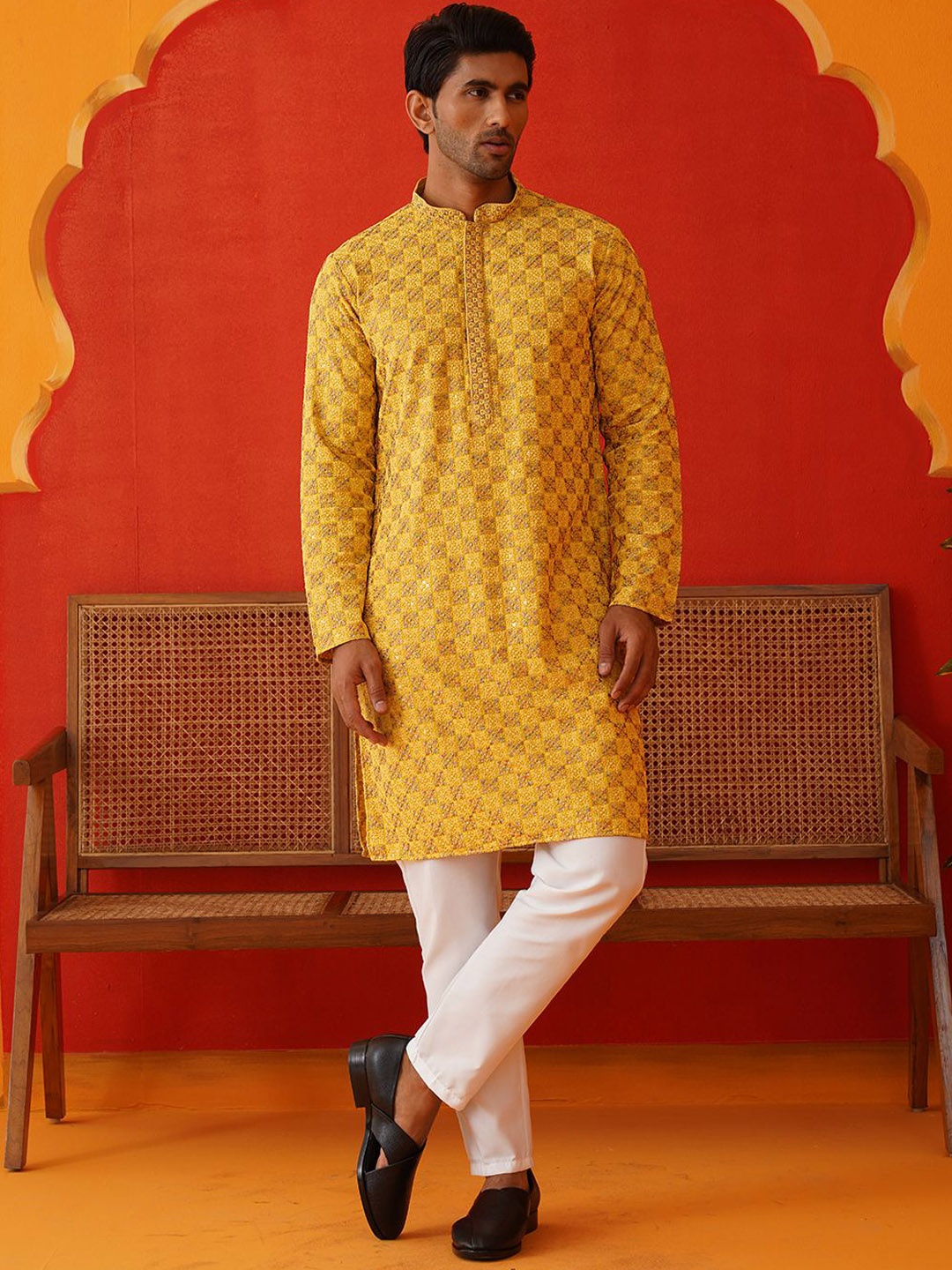 

Jompers Men Embroidered Regular Sequinned Kurta with Pyjamas, Mustard