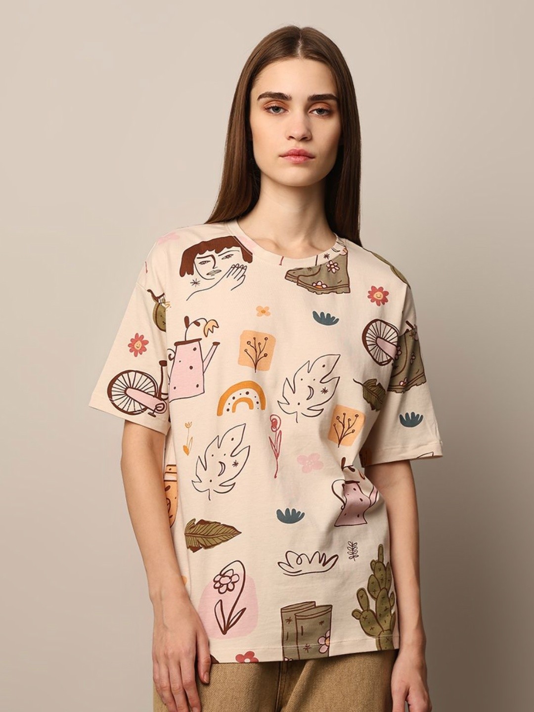 

ONLY Women Printed Drop-Shoulder Sleeves T-shirt, Beige