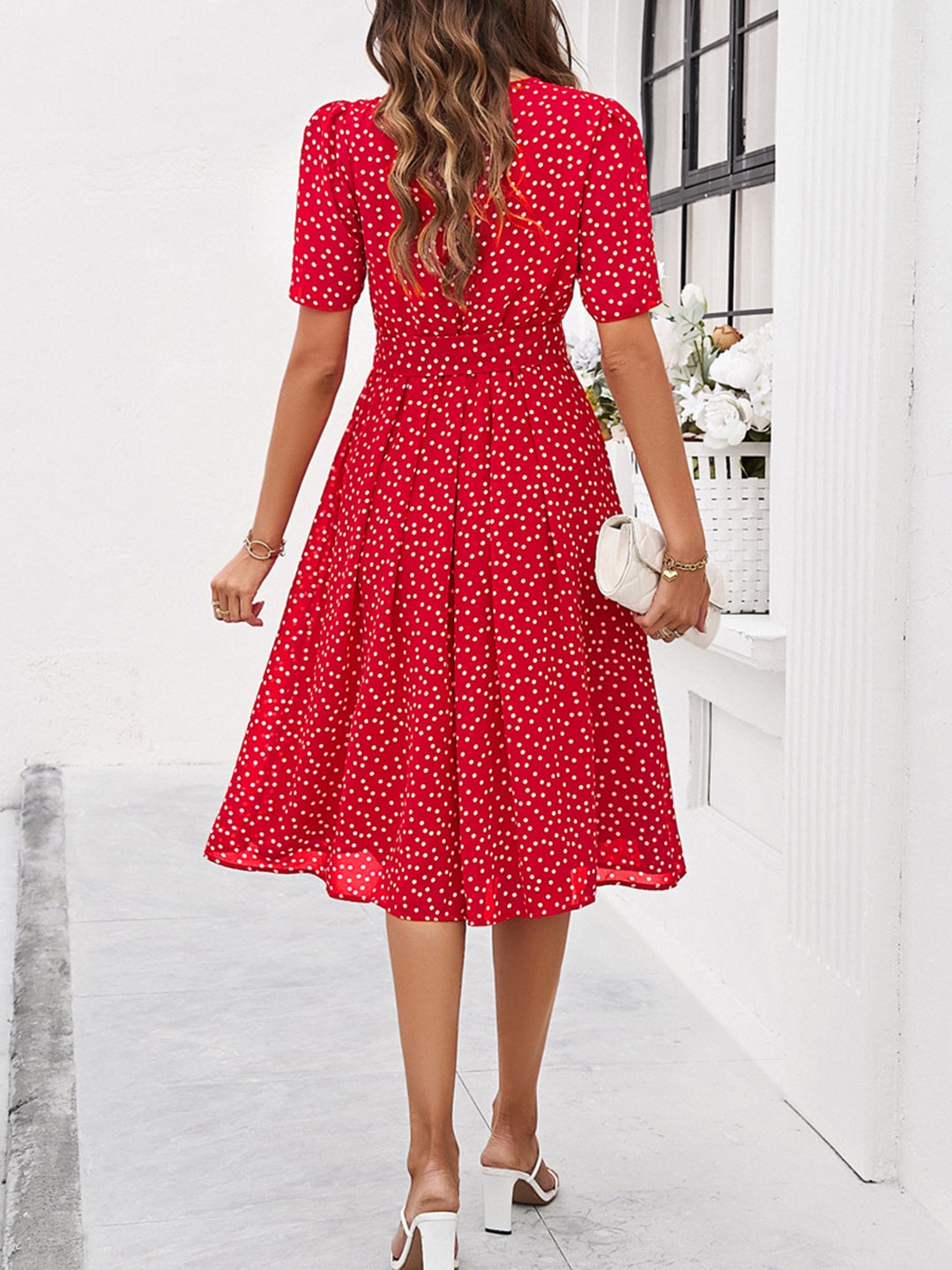 

all about you Polka Dot Print Puff Sleeves Fit & Flare Dress, Red