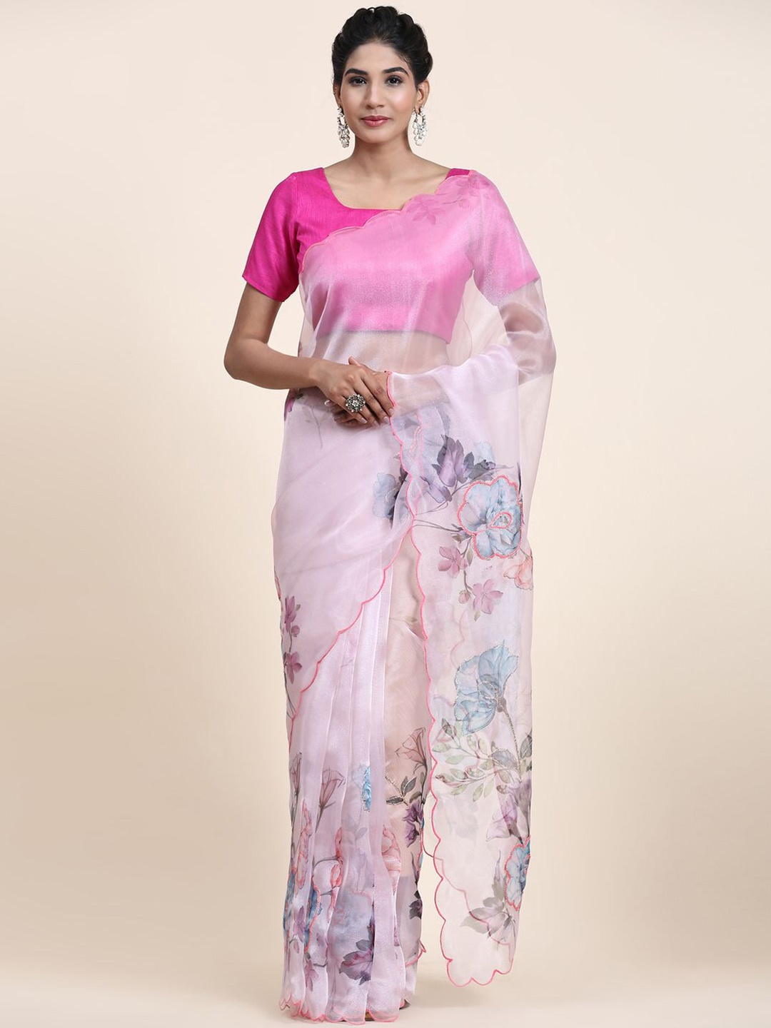 

Anouk Floral Printed Embroidered Organza Saree, Pink