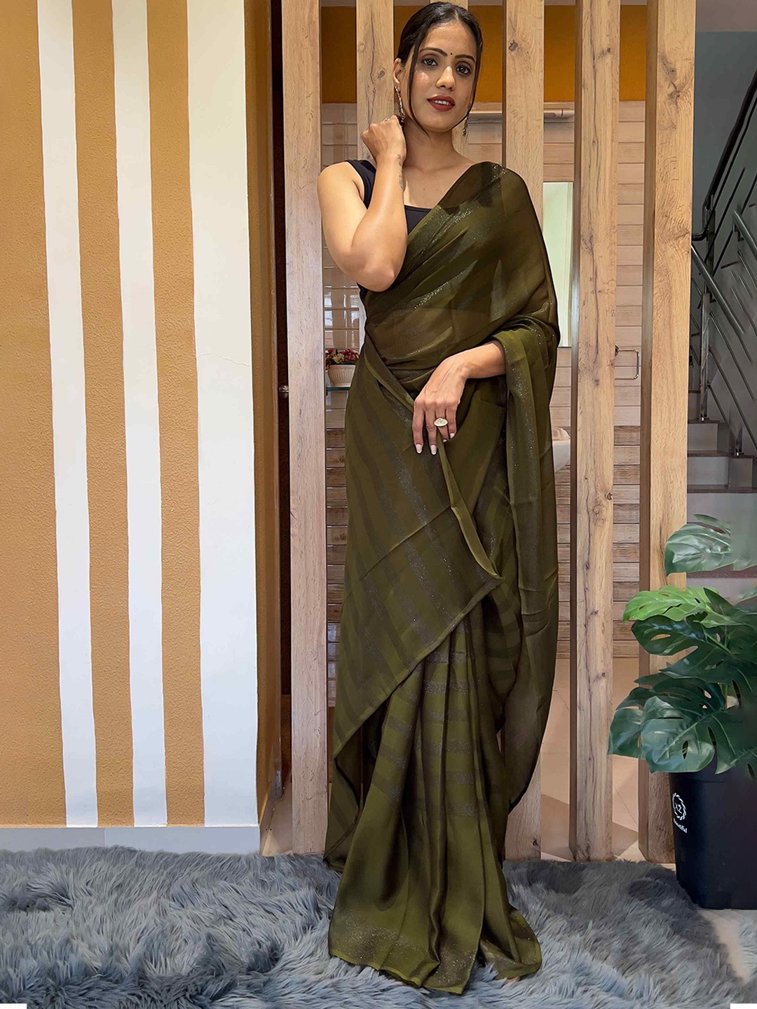 

HERE&NOW Zari Poly Georgette Ready to Wear Saree, Olive