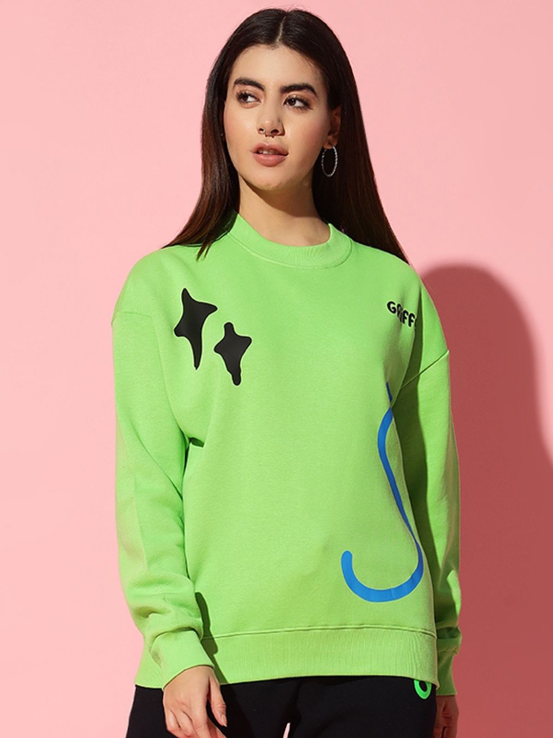 

GRIFFEL Women Graphic Printed Sweatshirt, Lime green