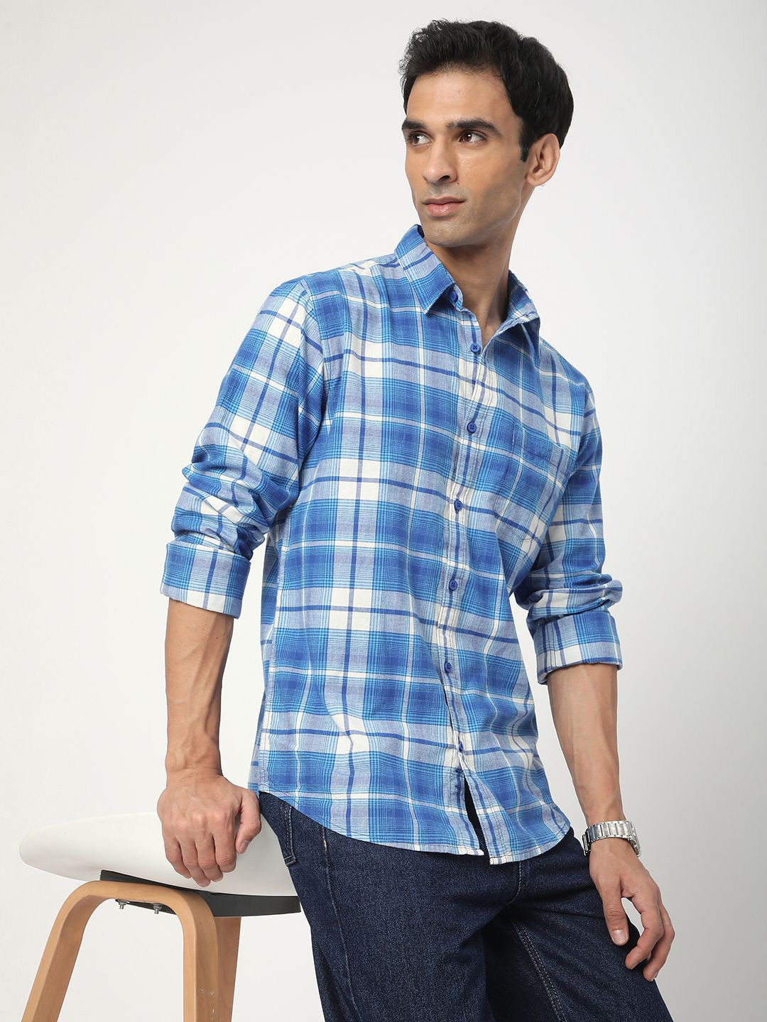 

R&B Men Tartan Checks Opaque Checked Casual Shirt, Blue