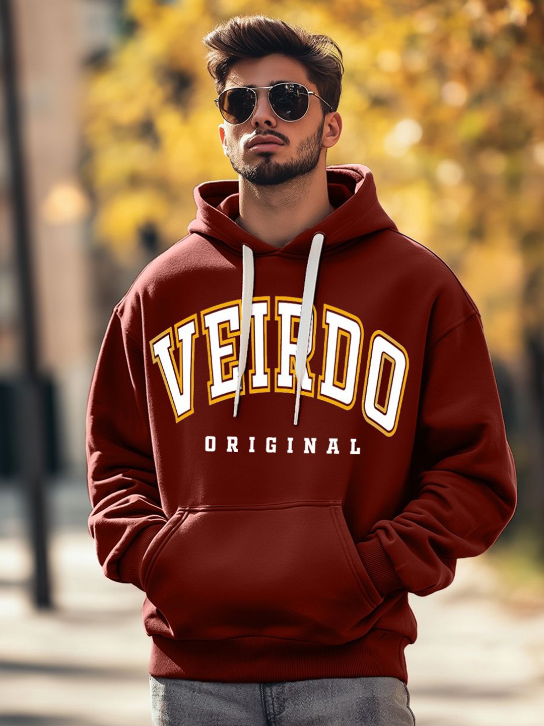 

VEIRDO Men Printed Hooded Pullover Sweatshirt, Rust
