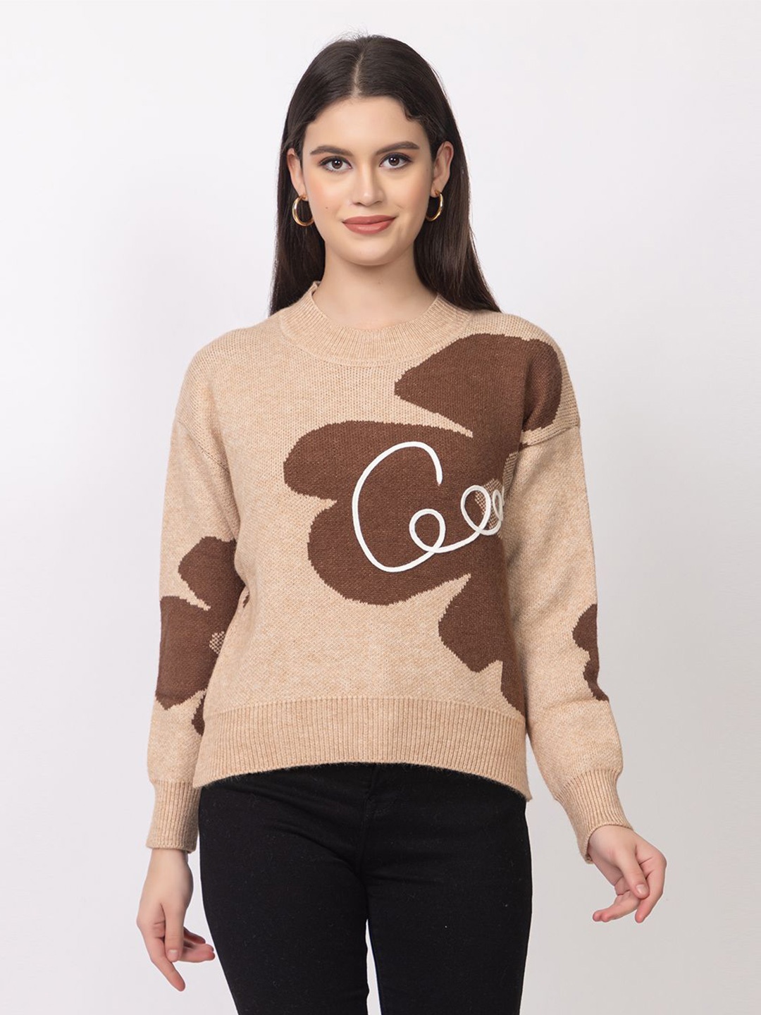 

Lory Women Floral Woollen Pullover Sweaters, Beige