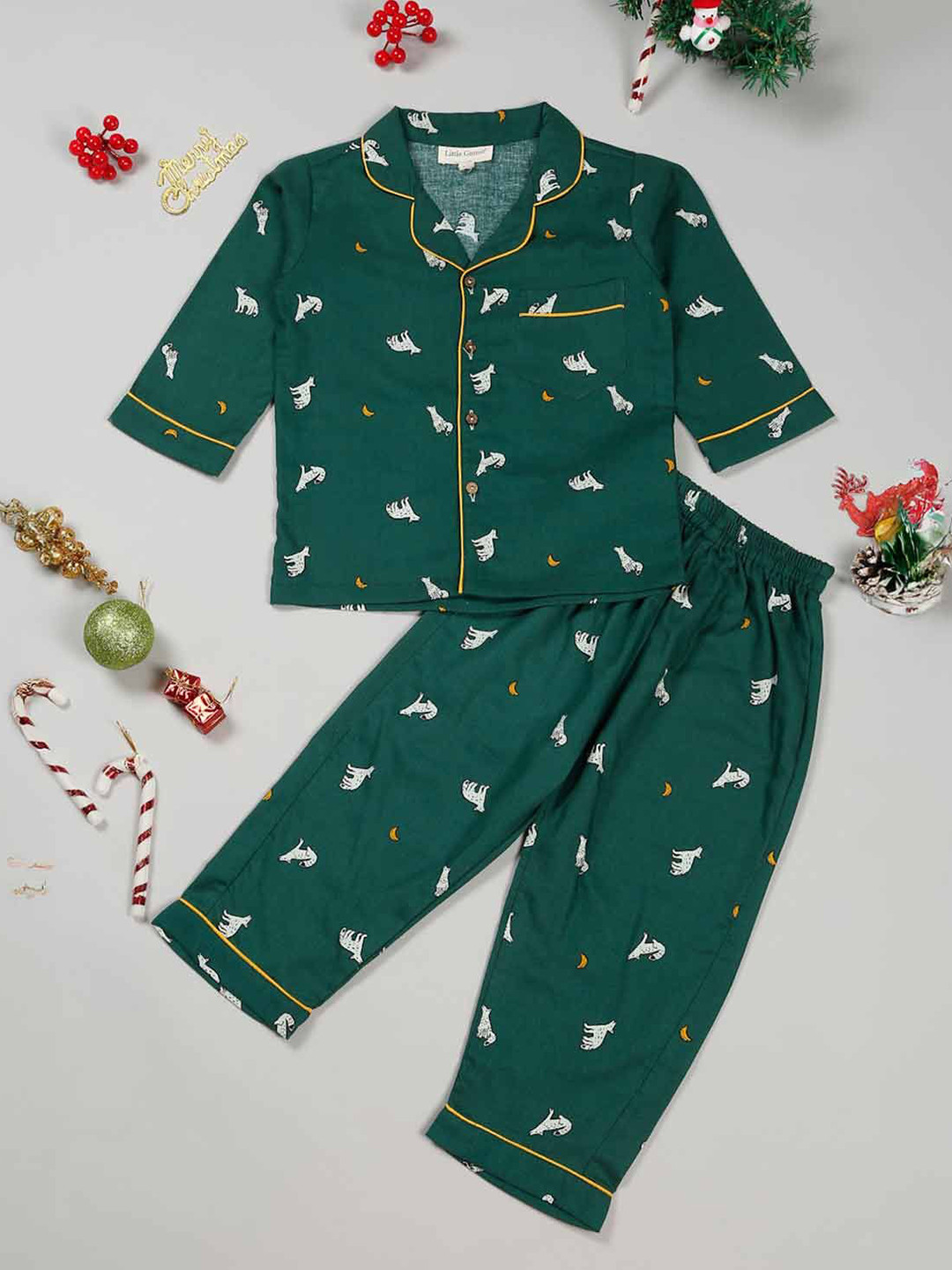 

LITTLE GINNIE Unisex Kids Printed Shirt with Trousers, Green