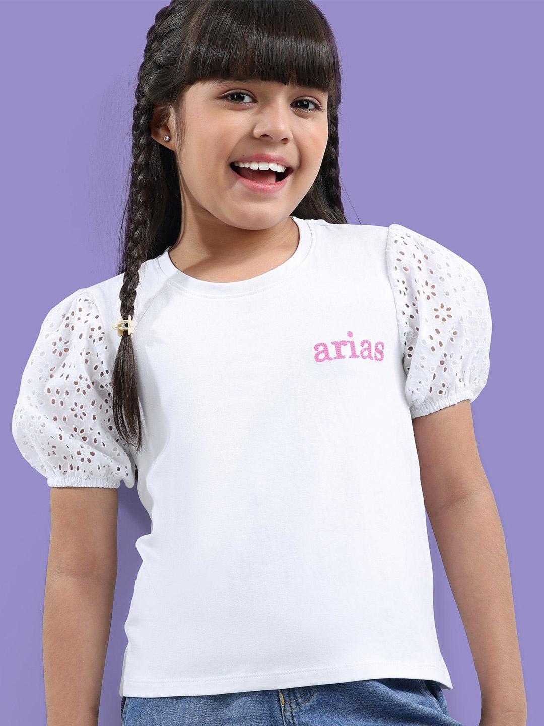 

ARIAS By LARA DUTTA Girls Printed Schiffli Cotton RegularTop, White