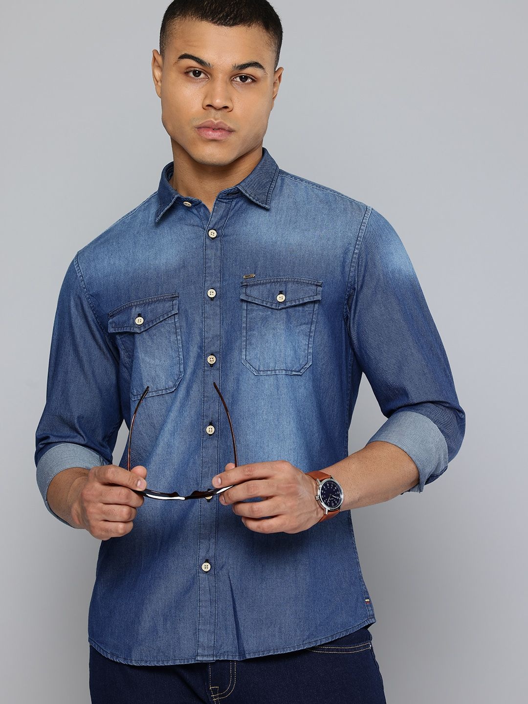 

Indian Terrain Chiseled Skinny Fit Faded Opaque Casual Shirt, Blue