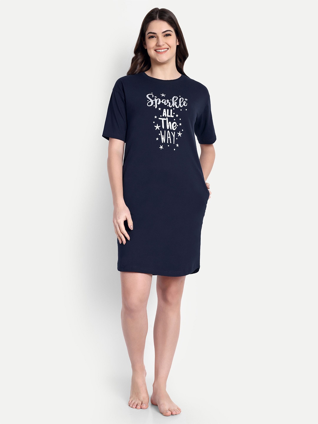 

Bedtime story Women Graphic Printed Pure Cotton Above Knee Nightdress, Navy blue