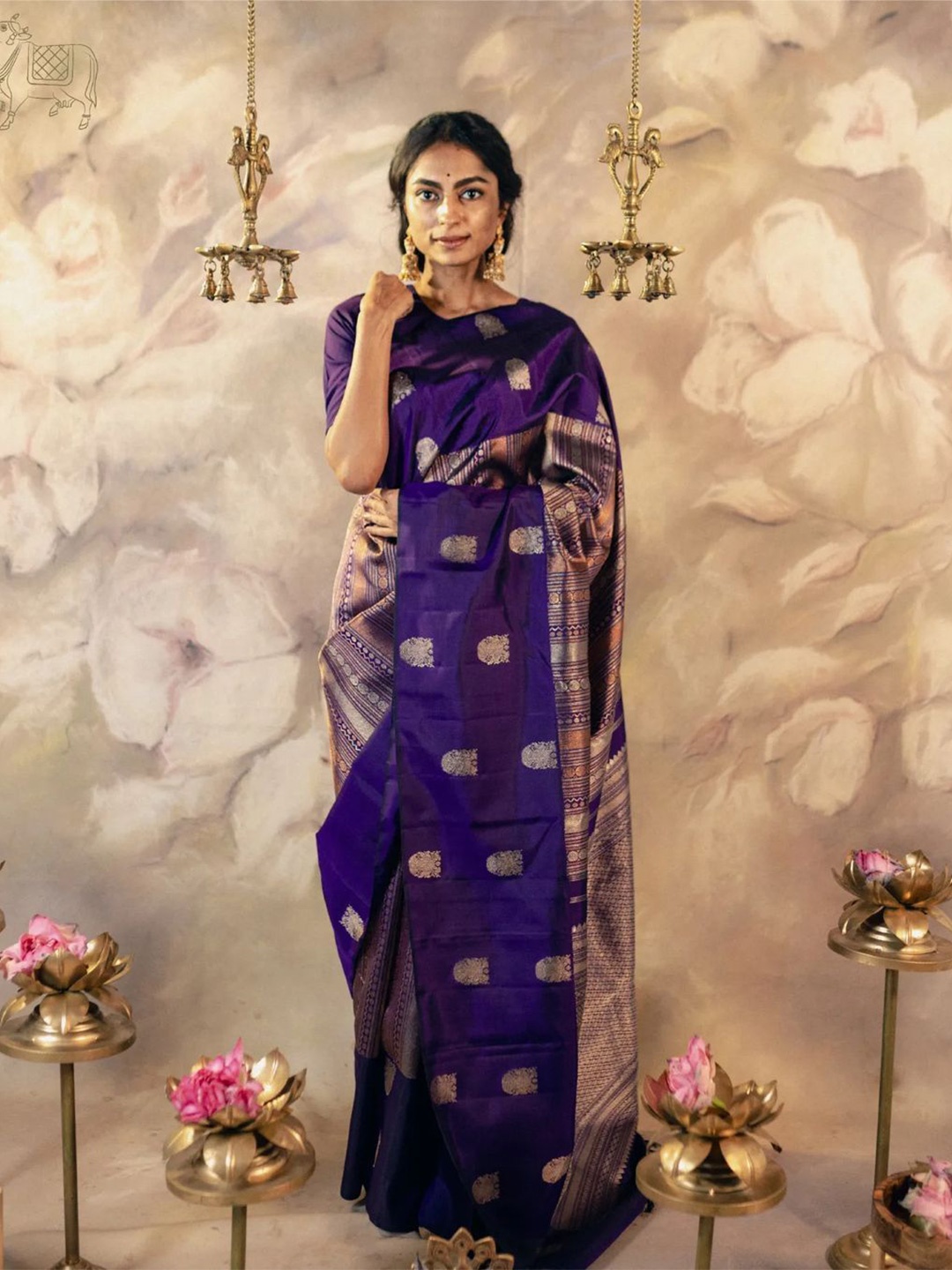 

KALINI Ethnic Motifs Zari Silk Blend Banarasi Saree, Purple