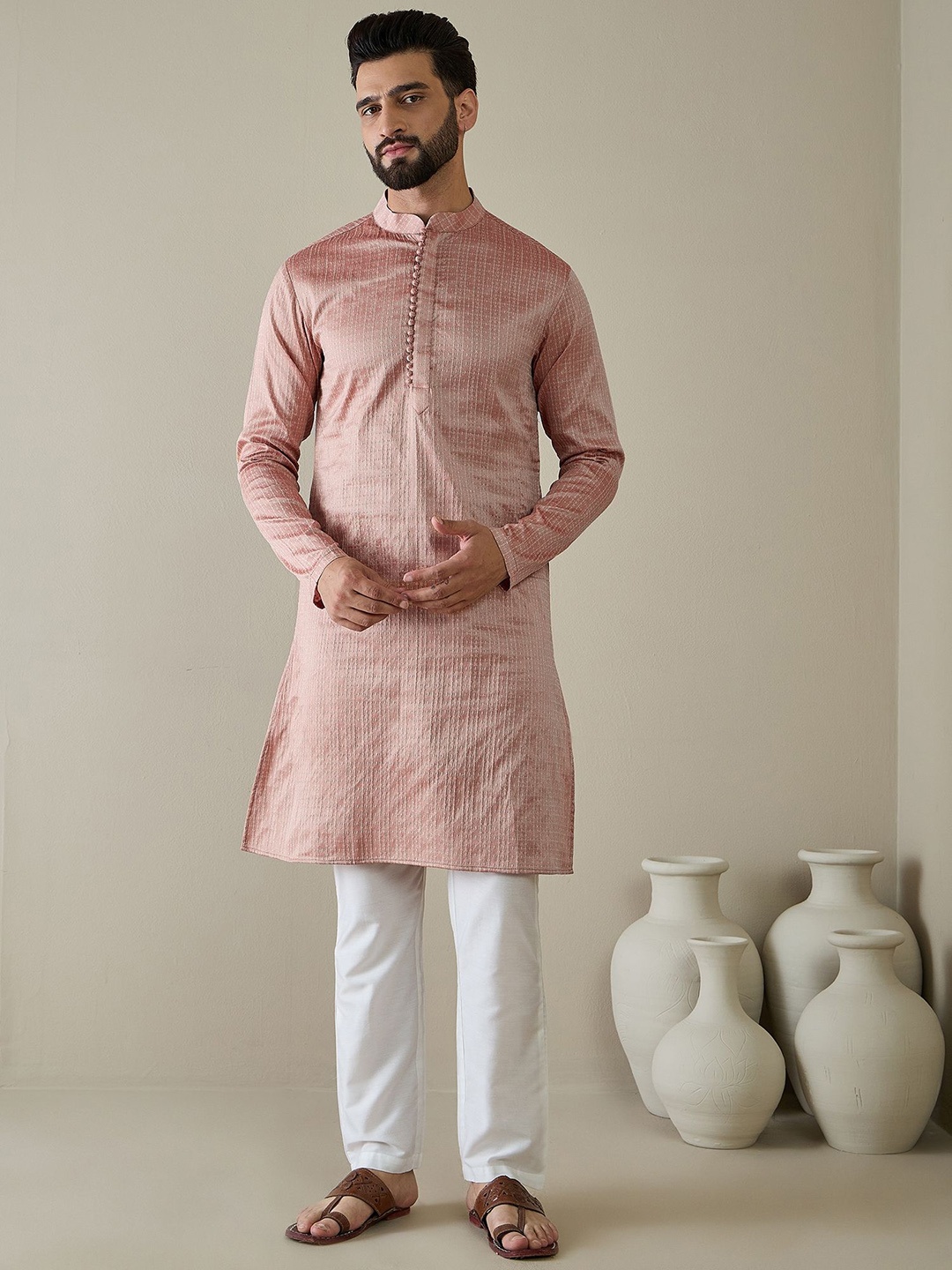 

Inddus Men Regular Kurta with Trousers, Peach