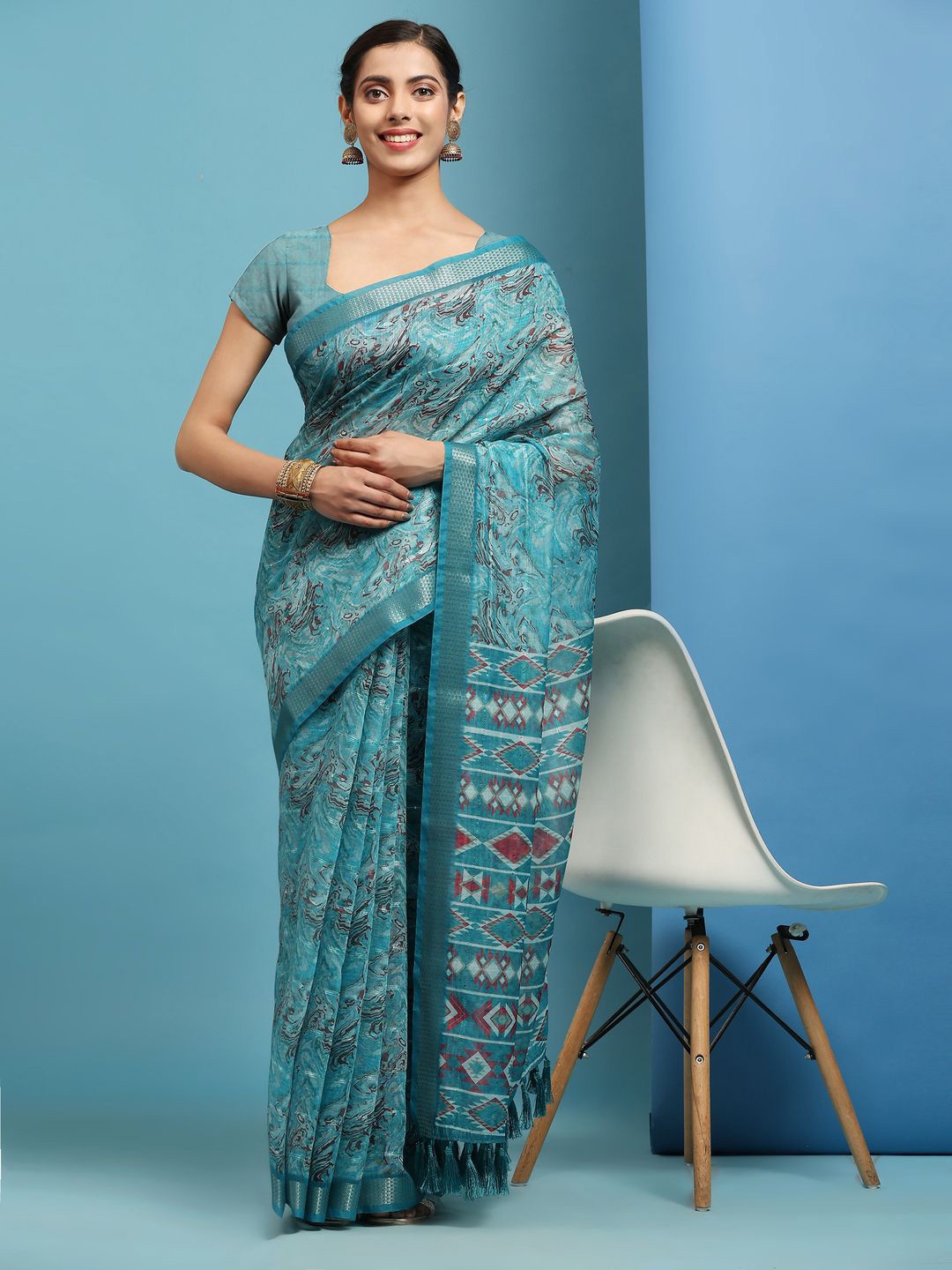 

Anouk Printed Zari Saree with Tasselled Border, Blue