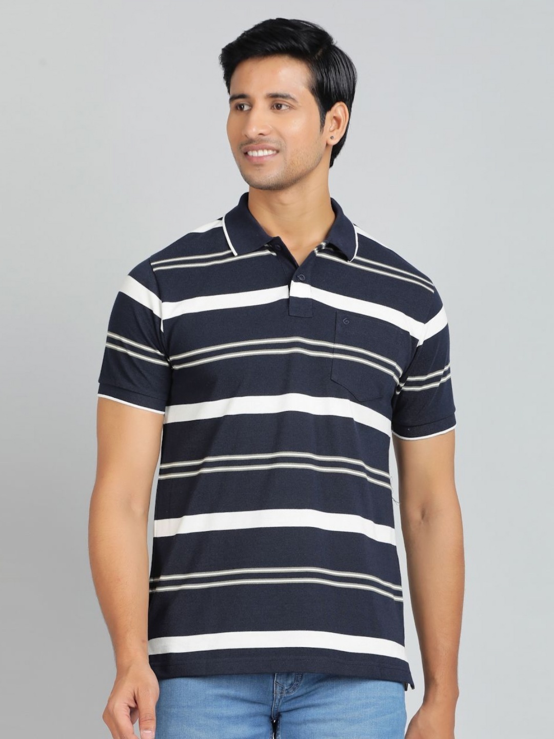 

Greenfibre Men Striped Polo Collar T-shirt, Navy blue