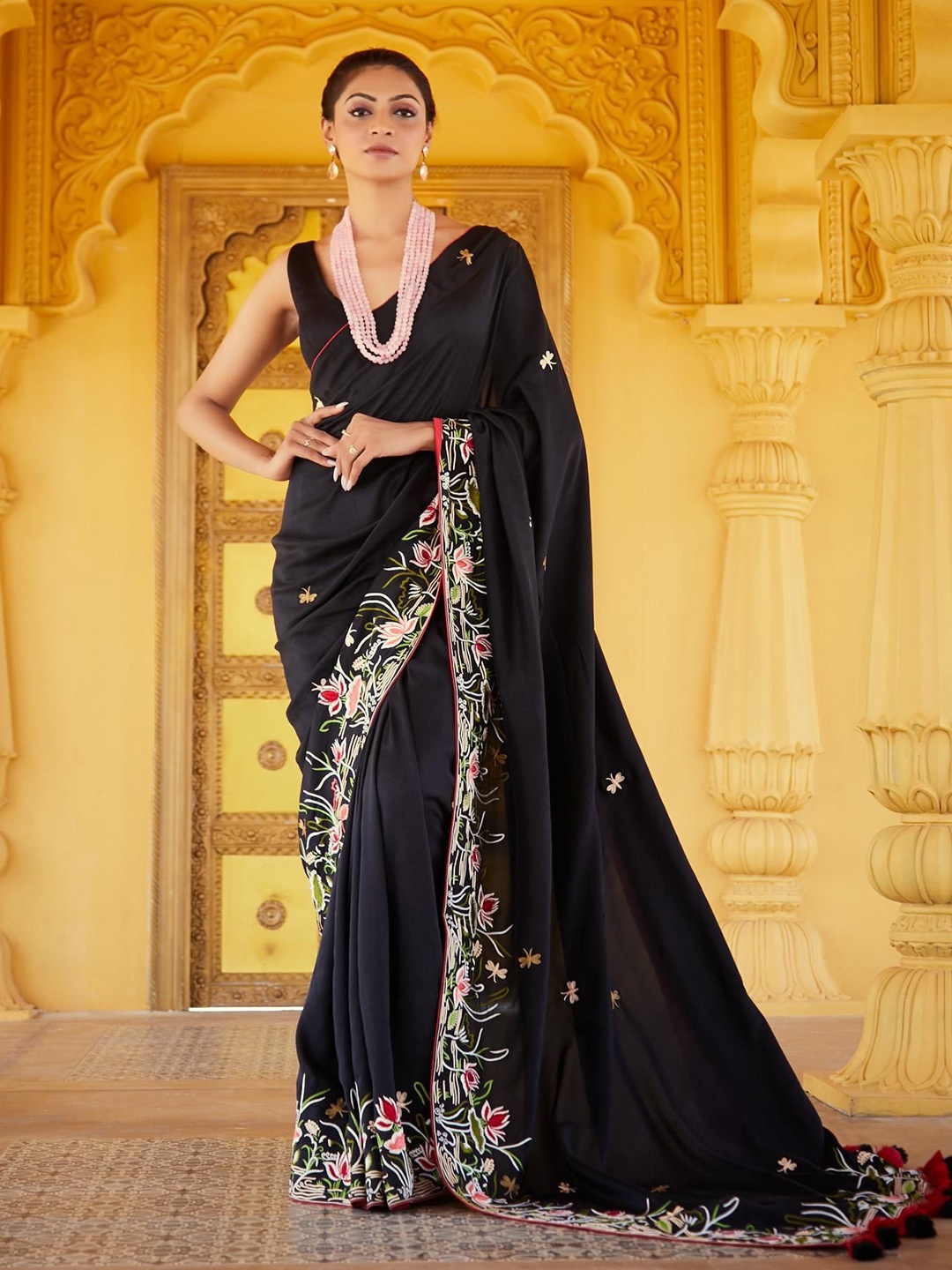 

House of Deepthi Ethnic Motifs Embroidered Pure Silk Saree, Navy blue