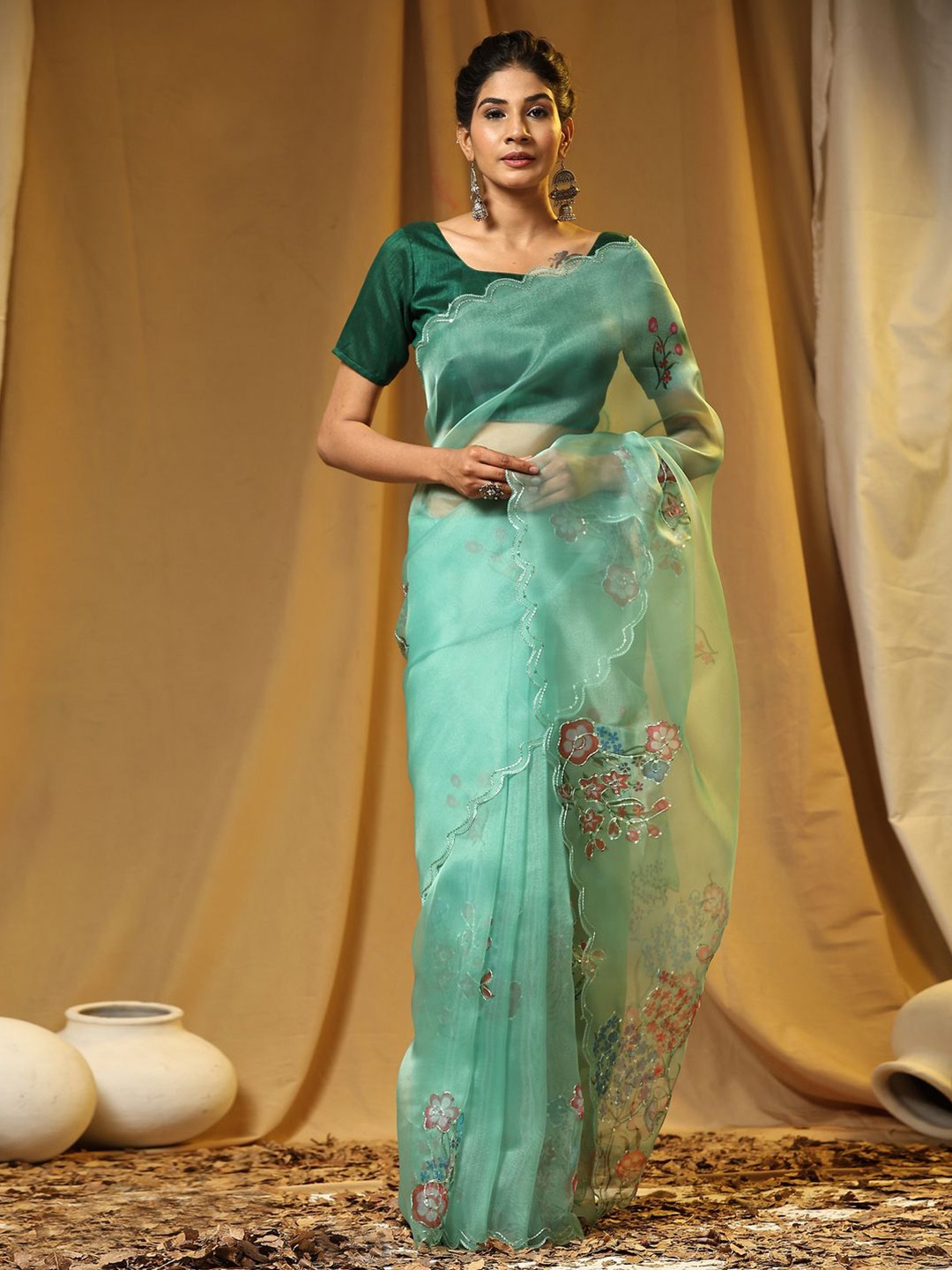

Anouk Sequinned Floral Printed Embellished Organza Saree, Sea green