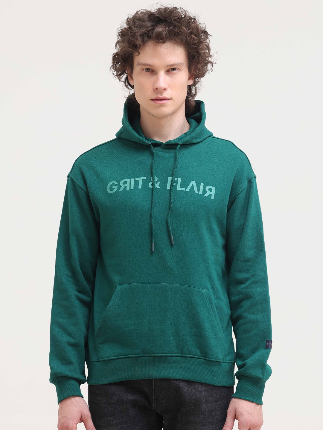 

Grit and Flair Men Cotton Printed Hooded Sweatshirt, Green