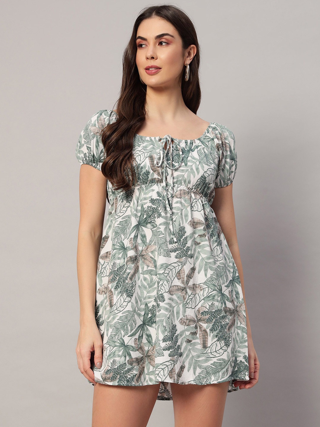 

ROCK AND ROLL Women Tropical Print Puff Sleeve A-Line Mini Dress, White