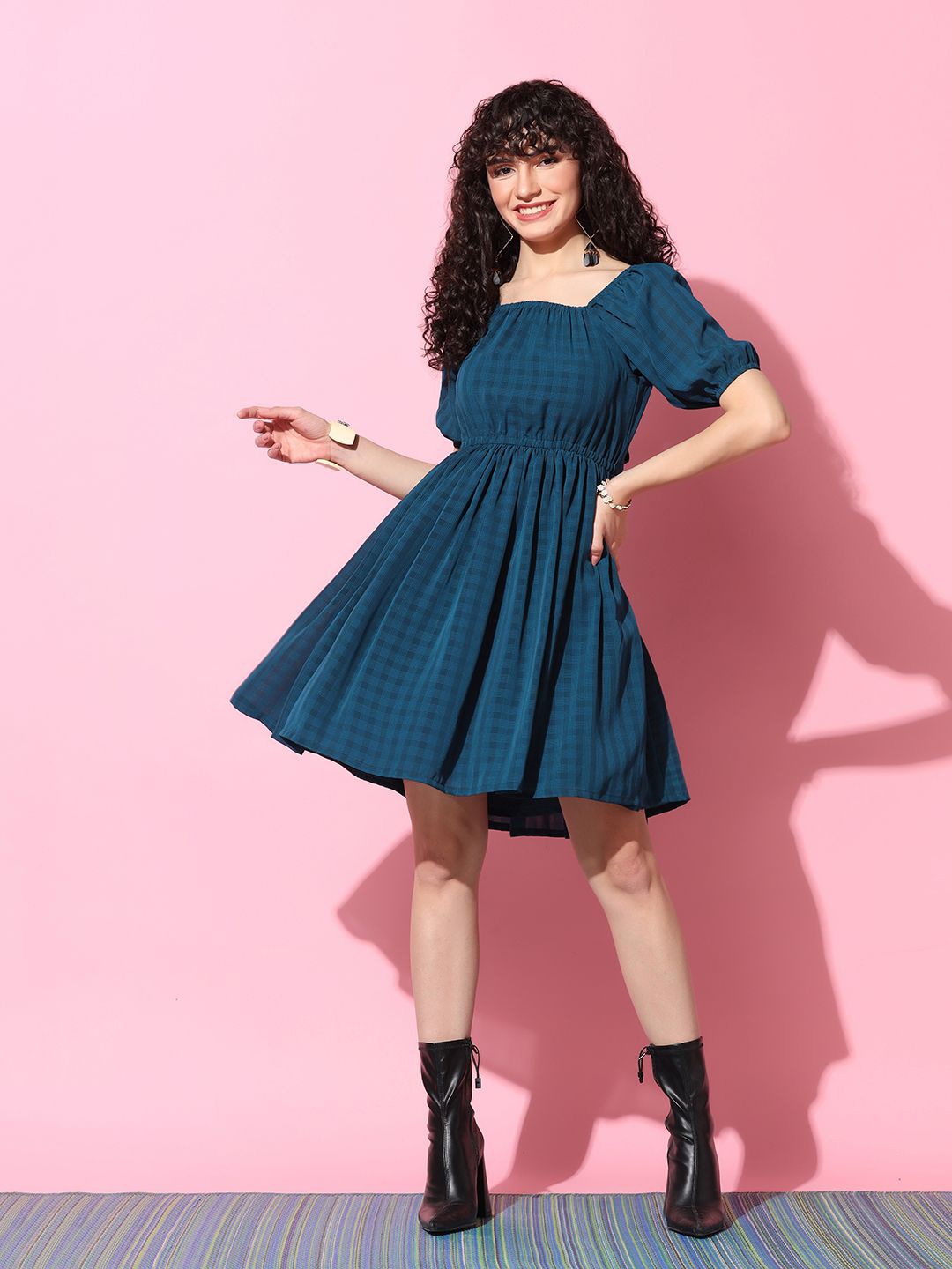 

FASHION DREAM Checked Puff Sleeve Fit & Flare Dress, Teal