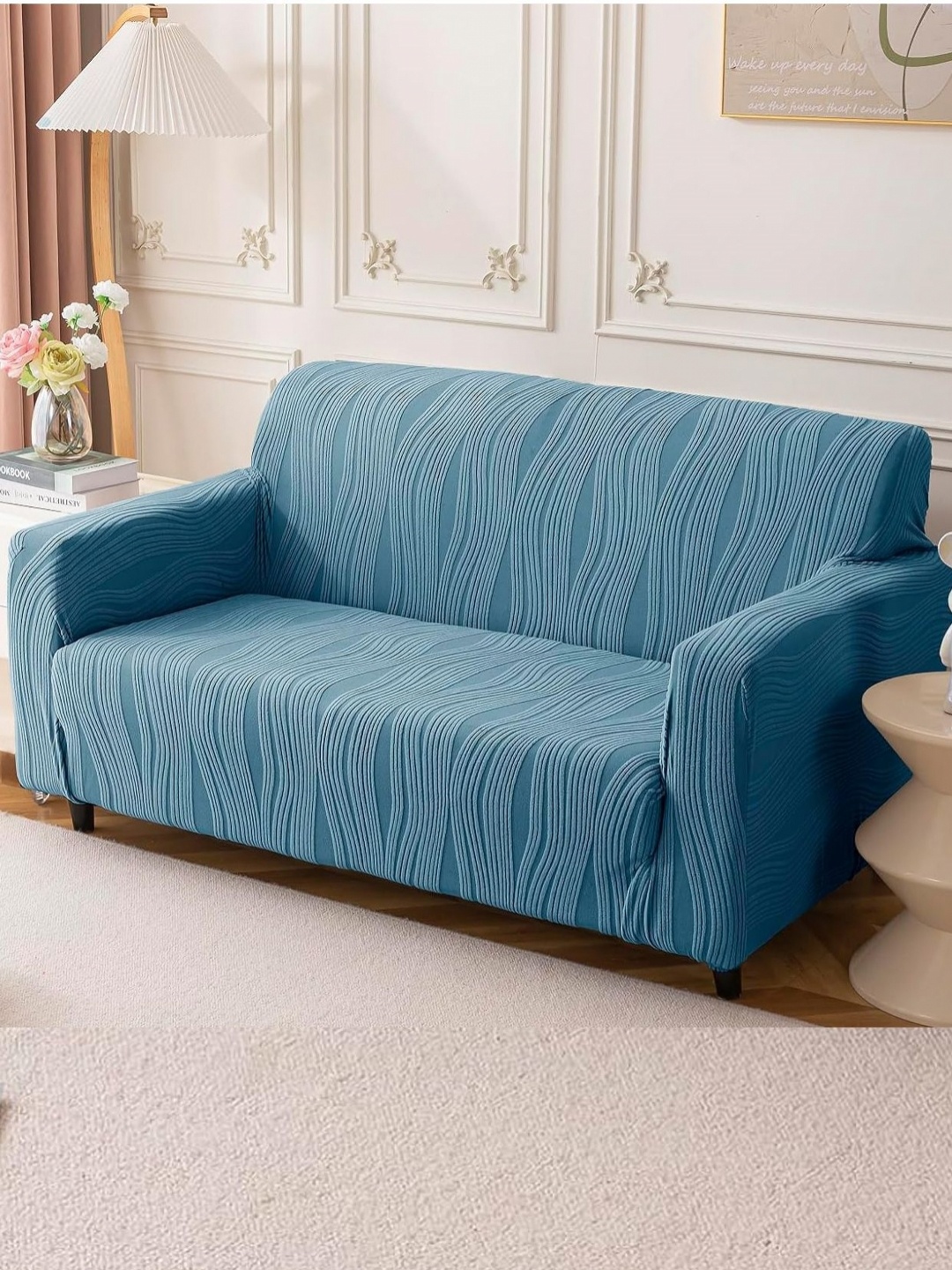 

House Of Quirk Double Seater Jacquard Waterproof Crizzle Pattern Fabric Sofa Cover, Blue
