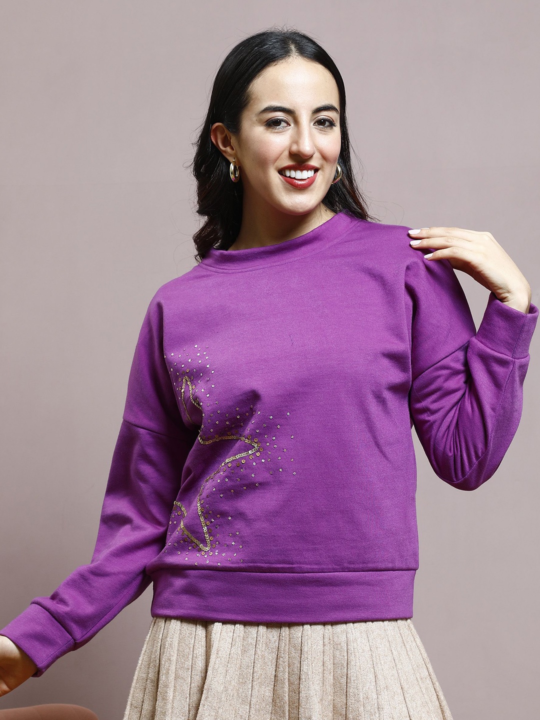 

Athena Women Round Neck Embellished Pullover Sweatshirt, Purple