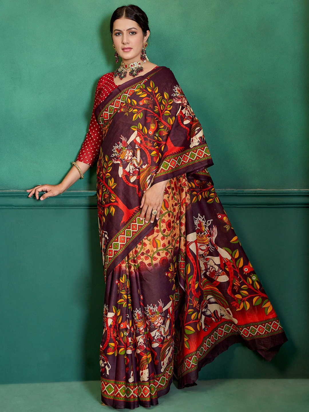 

HERE&NOW Pure Cotton Kalamkari Printed Bhagalpuri Saree, Burgundy