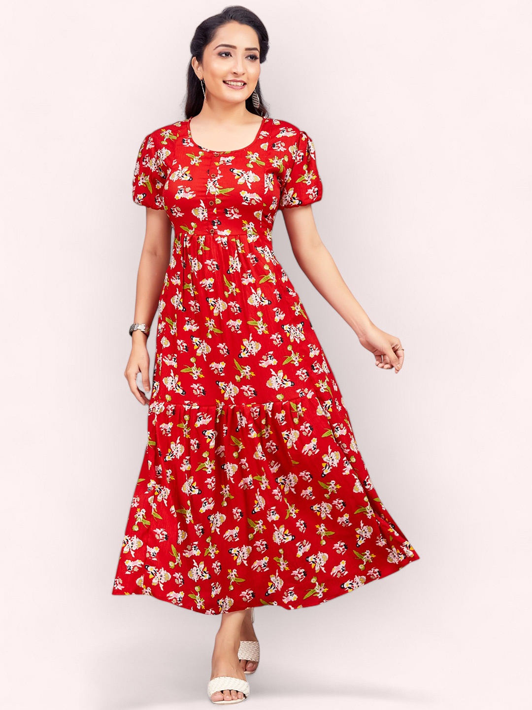 

PAMPER YOURSELF Floral Print Georgette Fit & Flare Maxi Dress, Red