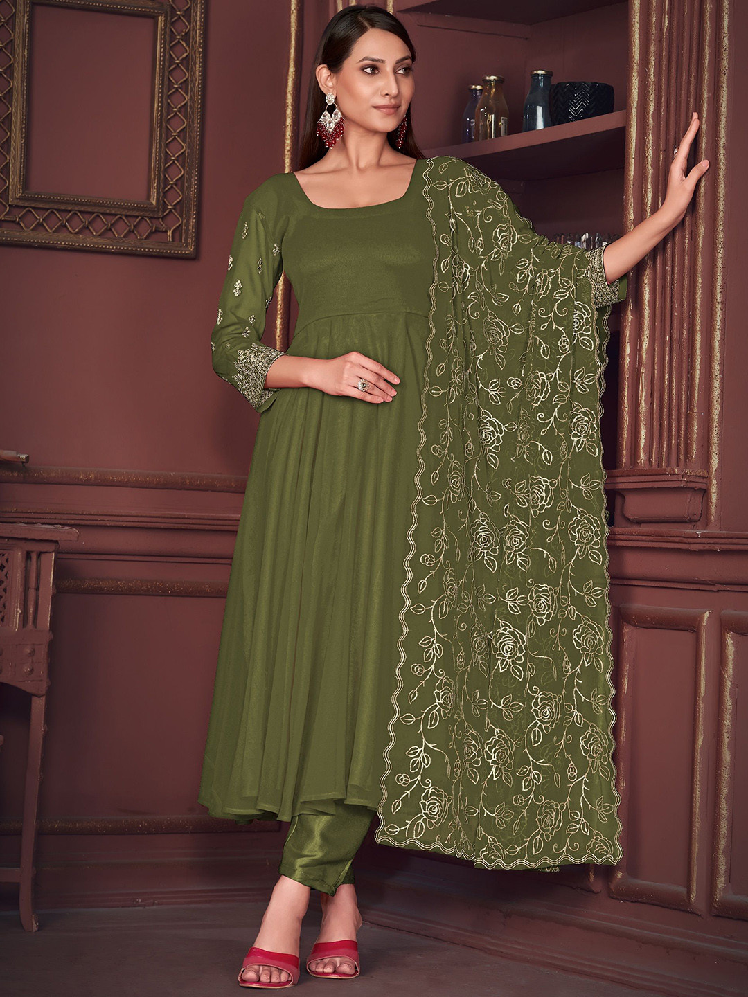 

Warthy Ent Embroidered Semi-Stitched Dress Material, Green