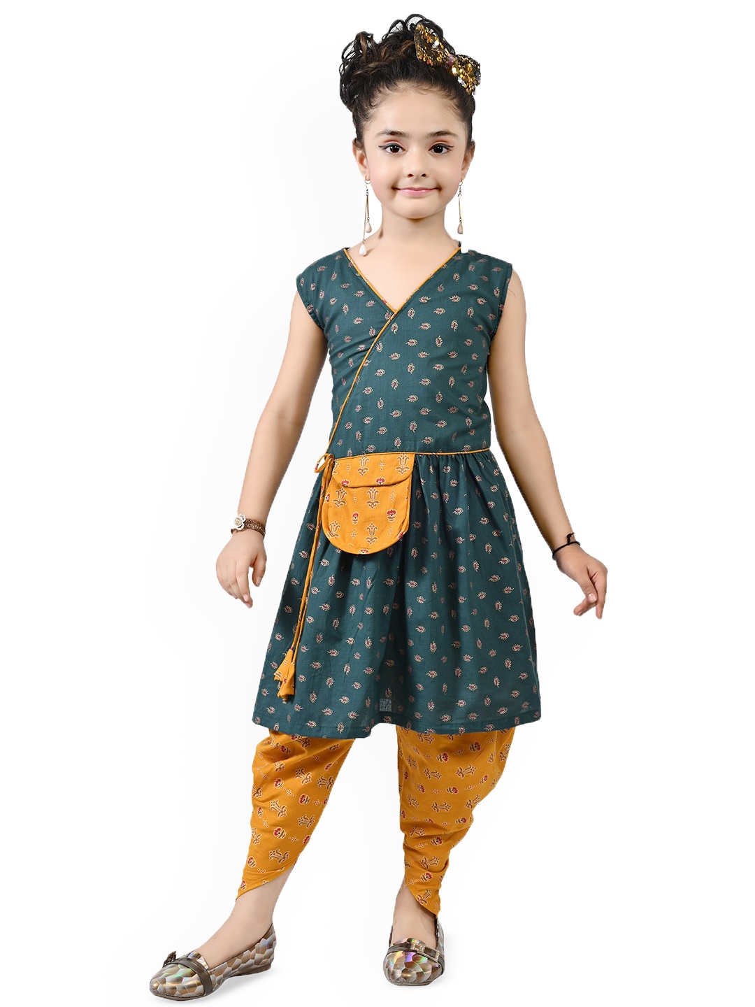 

BAESD Girls Floral Printed Angrakha Kurti with Dhoti Pants, Green