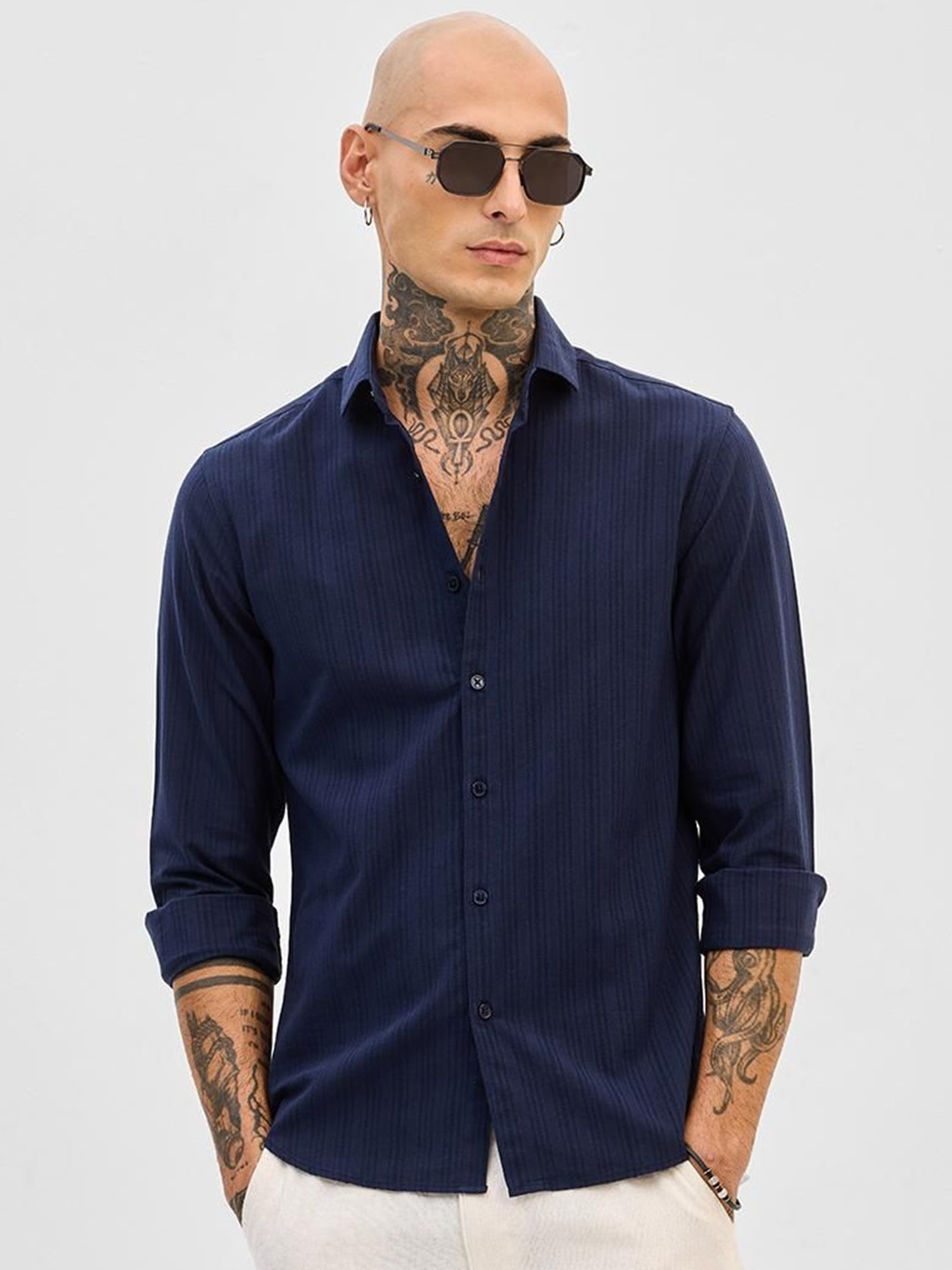 

Snitch Men Smart Slim Fit Opaque Striped Casual Shirt, Navy blue
