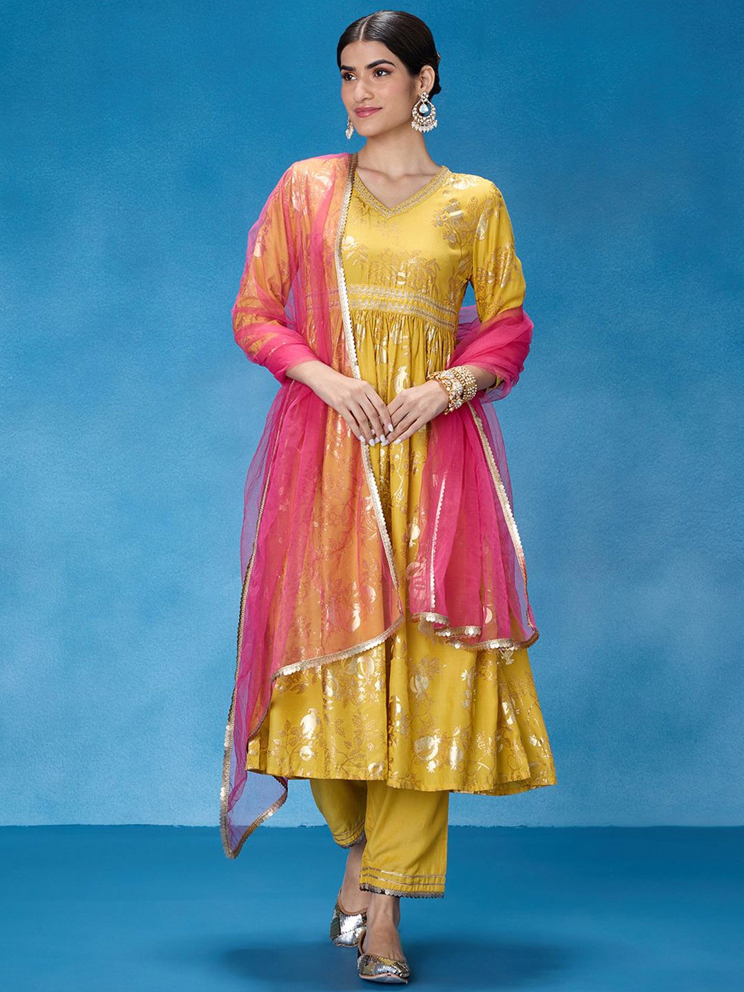 

Likha Women Floral Printed Regular Chanderi Silk Kurta with Pyjamas & With Dupatta, Yellow