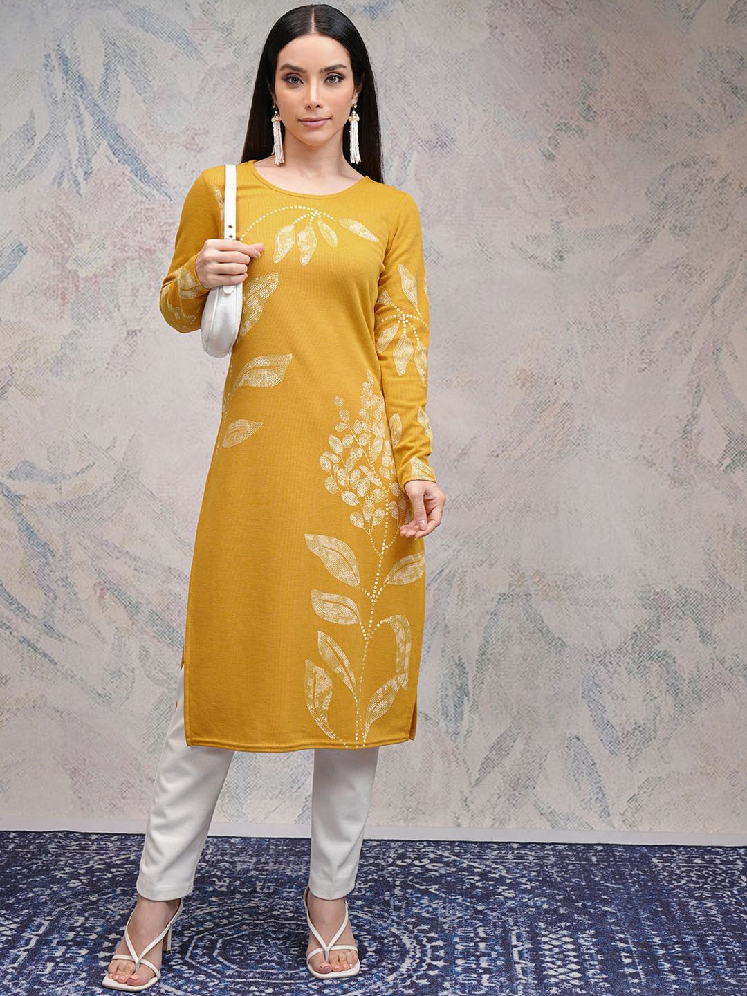 

Vishudh Women Ethnic Motifs Printed Floral Kurta, Mustard