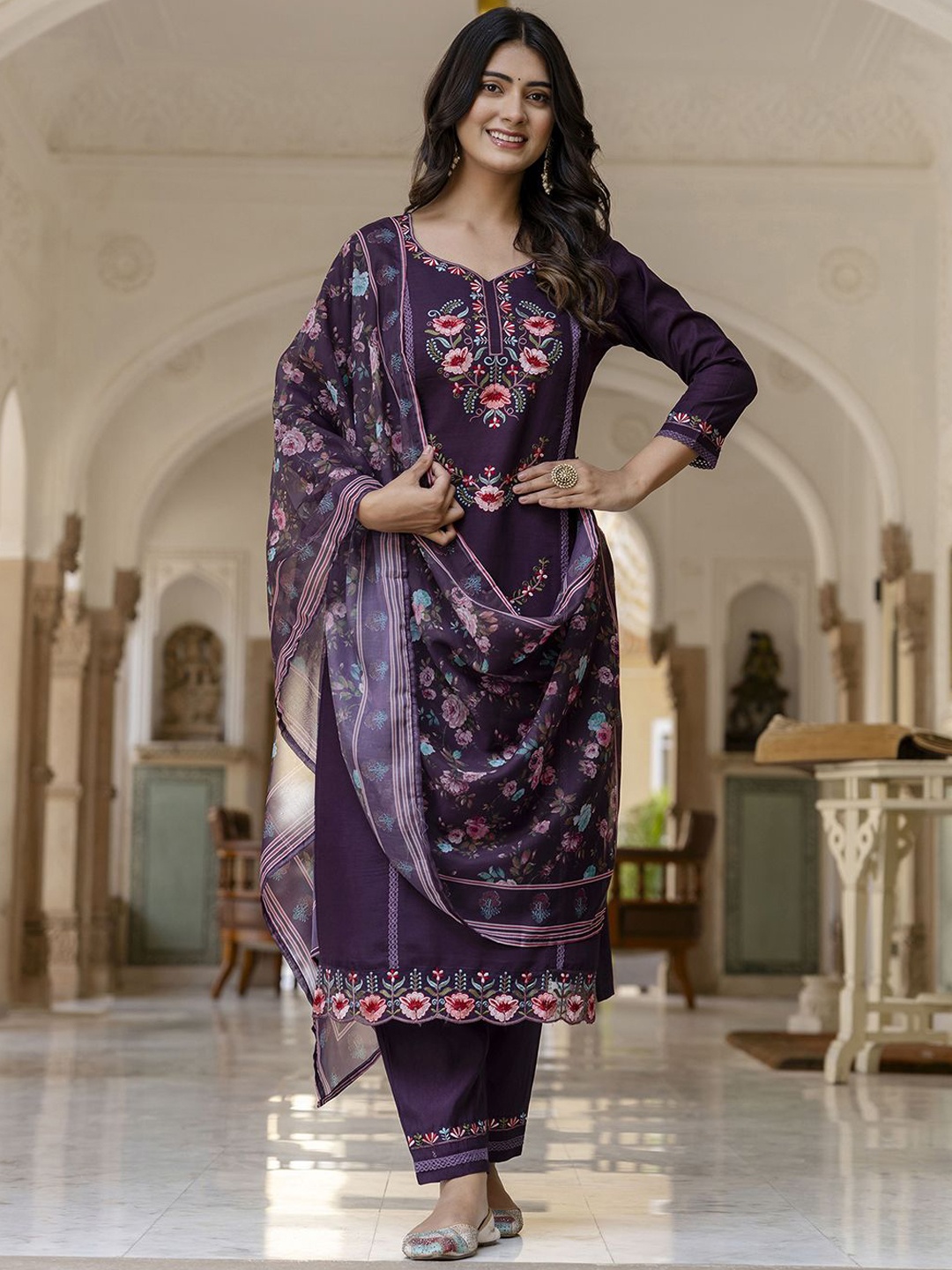 

Navlik Women Floral Embroidered Regular Thread Work Chanderi Silk Kurta with Trousers & With Dupatta, Purple