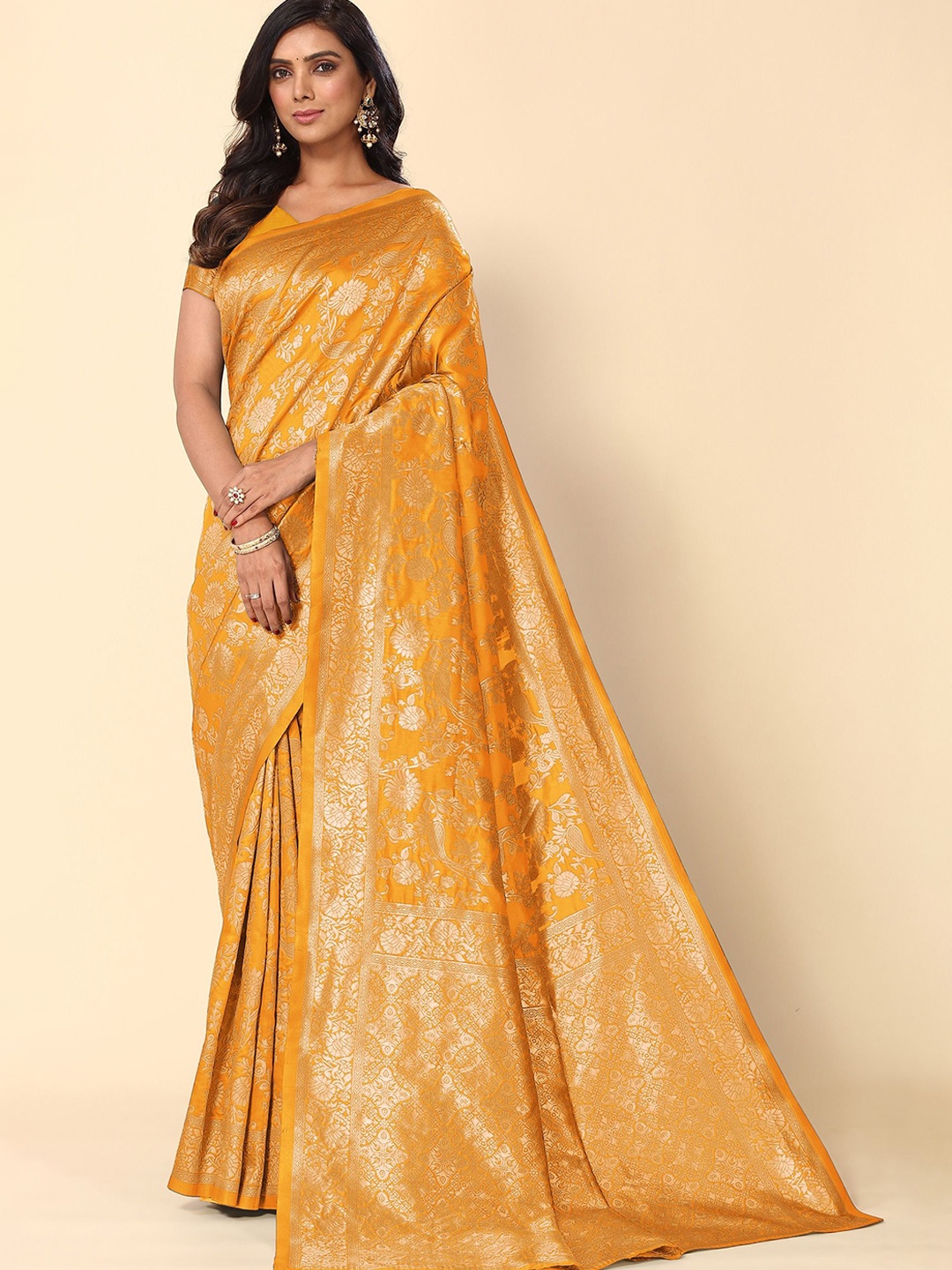 

Subham Women Woven Design Zari Banarasi Saree With Blouse Piece, Yellow