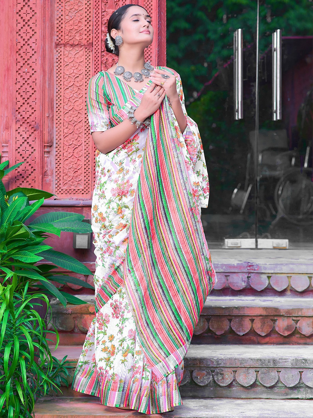 

Anouk Floral Printed Saree, Cream