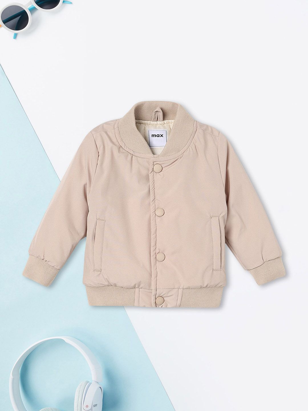 

max Boys Polyester Bomber with Embroidered Jacket, Beige