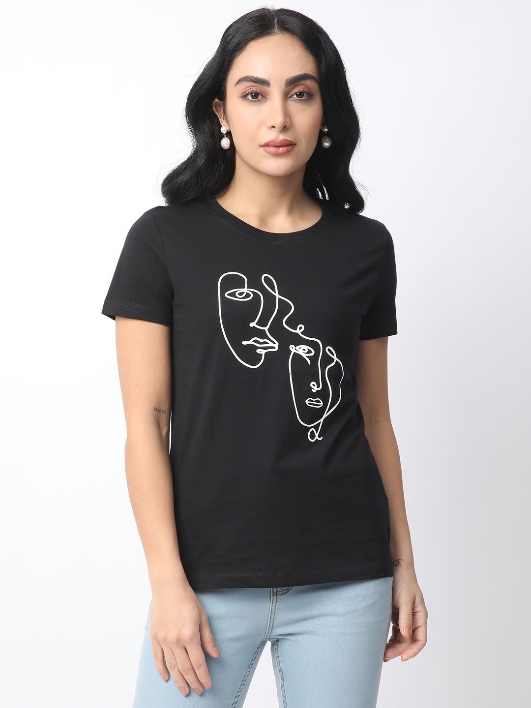 

R&B Women Typography Printed Extended Sleeves Pockets T-shirt, Black