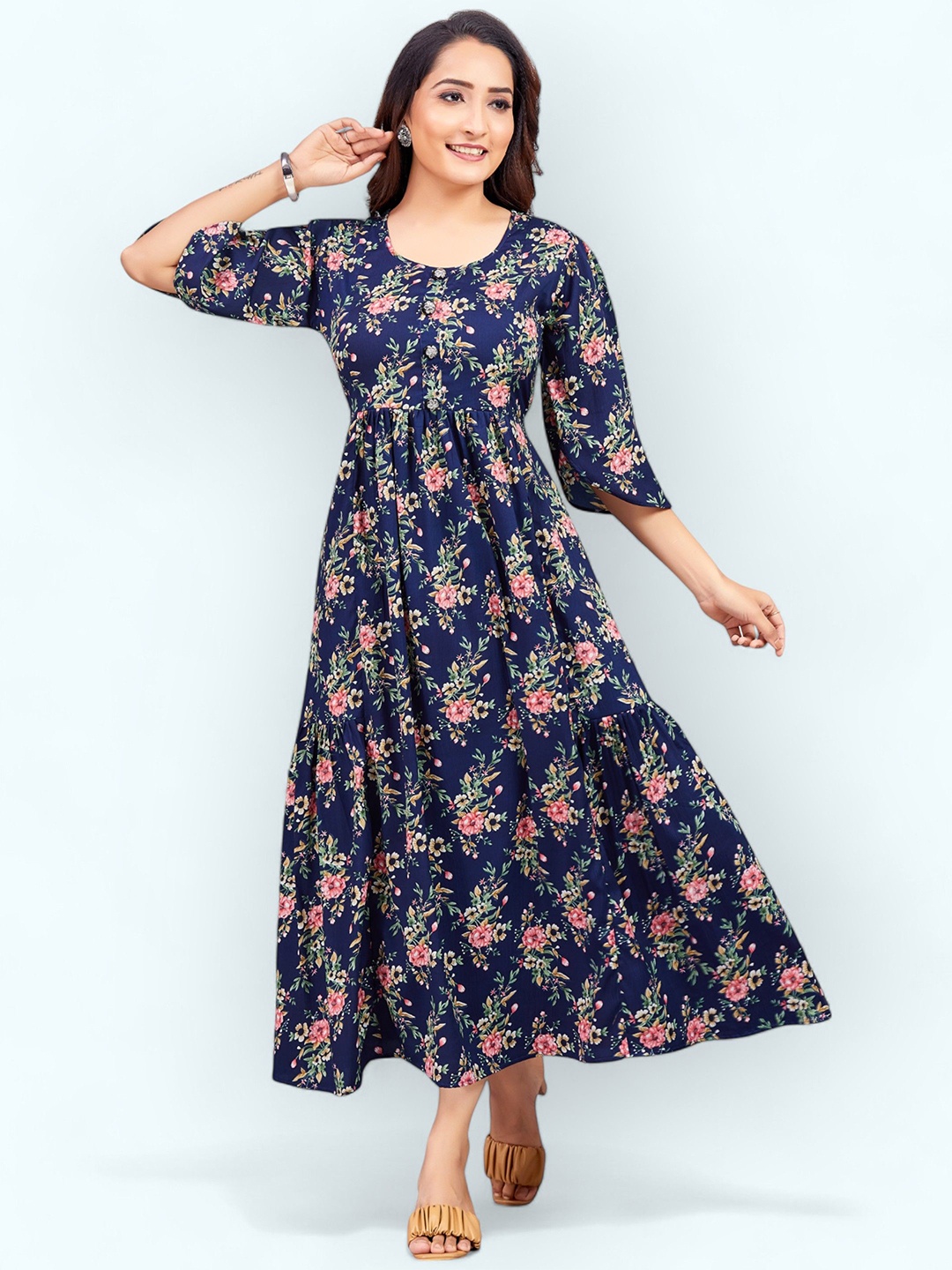 

PAMPER YOURSELF Floral Print Georgette Fit & Flare Maxi Dress, Navy blue
