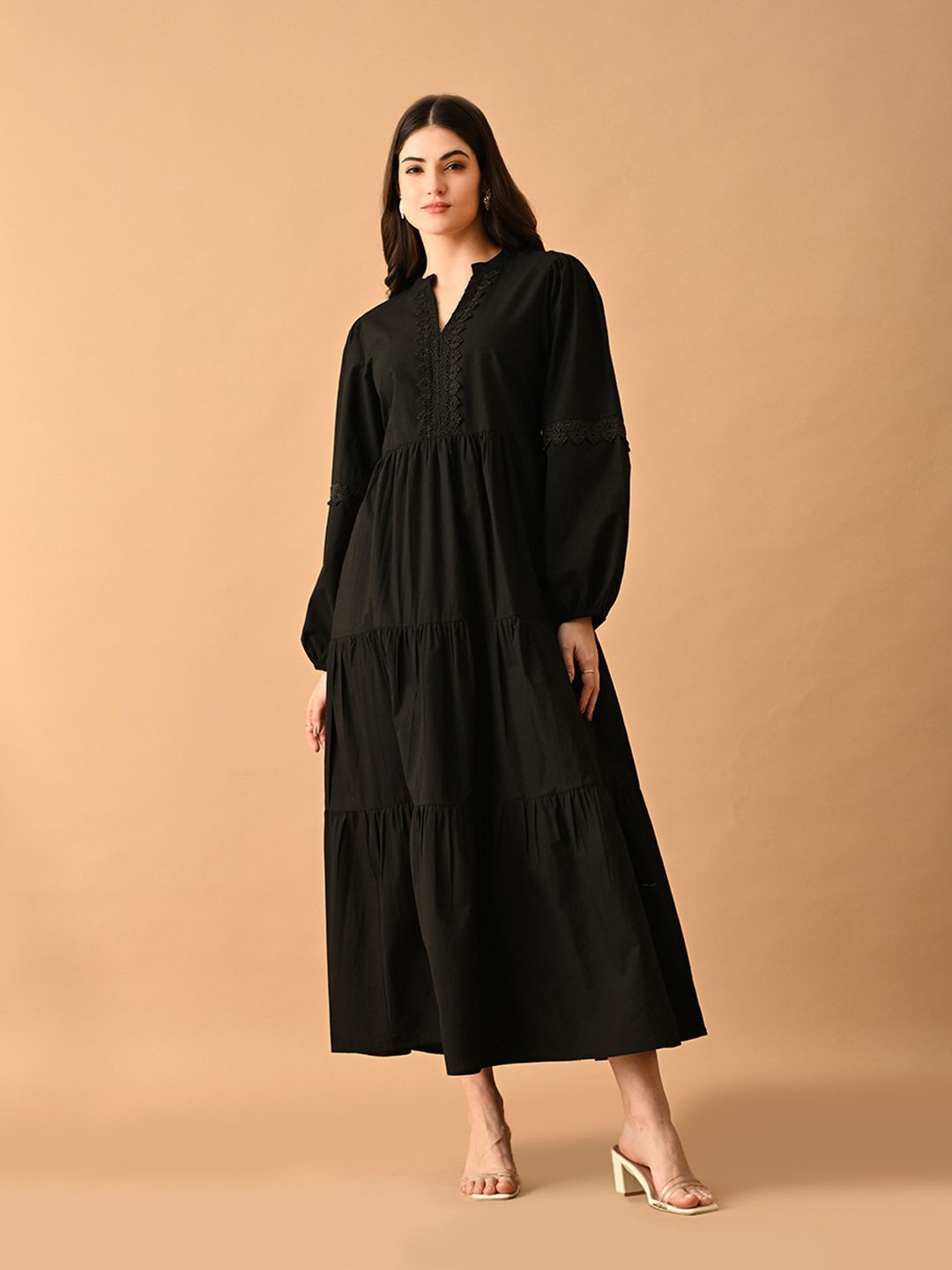 

Fuchsia Women Cotton Puff Sleeve A-Line Maxi Dress, Black
