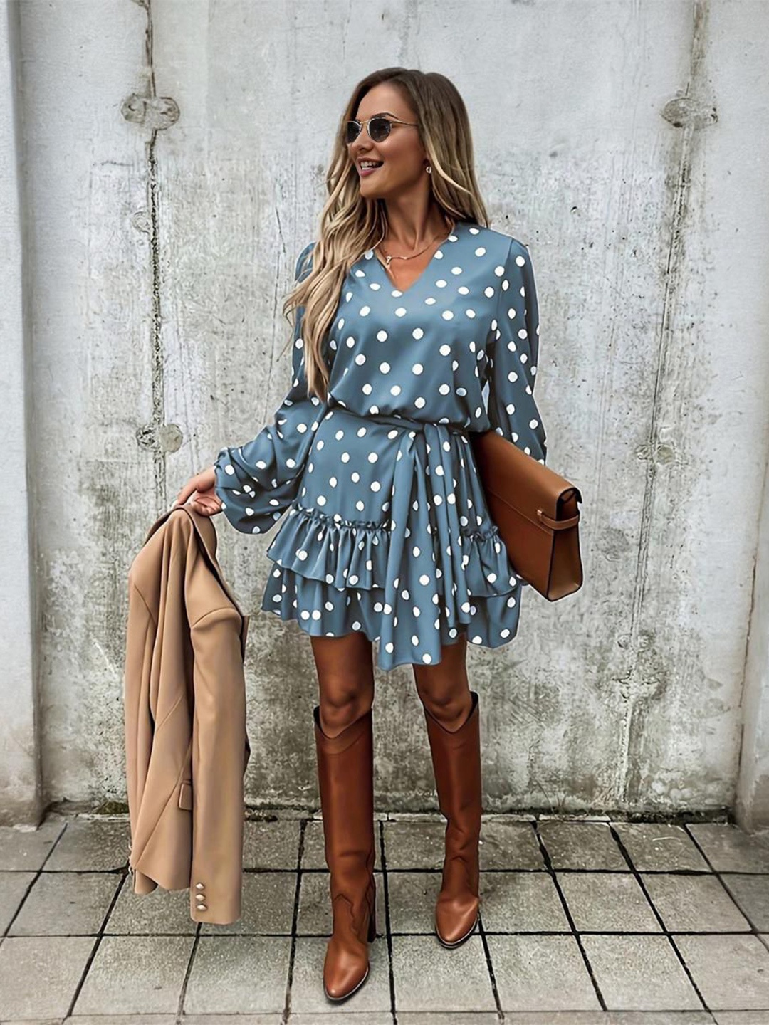 

StyleCast Polka Dot Print Puff Sleeve A-Line Dress, Blue