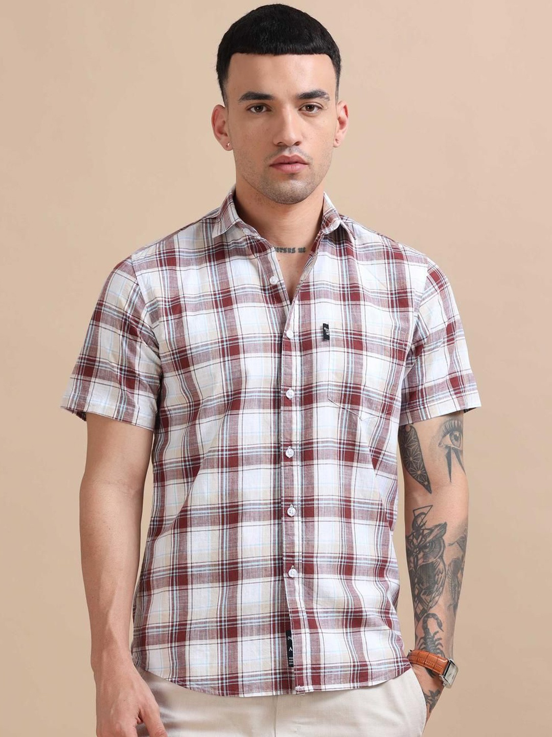

HOUSE OF MAHNOTS Men Classic Opaque Checked Casual Shirt, White