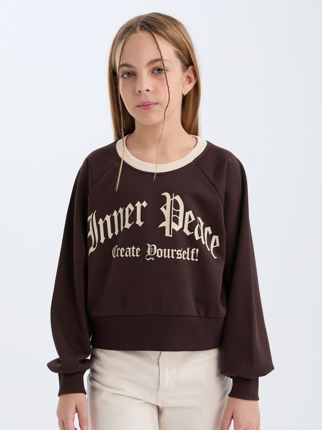 

DeFacto Girls Typography Printed Pullover, Brown
