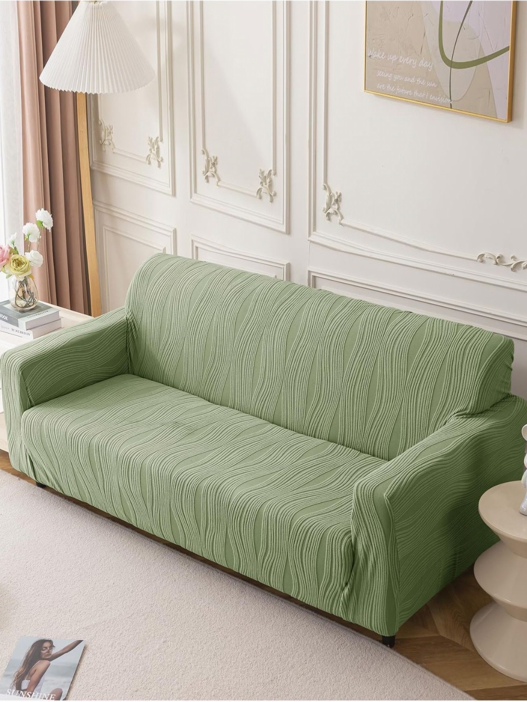 

House Of Quirk Four Seater Jacquard Waterproof Crizzle Pattern Fabric Sofa Cover, Green