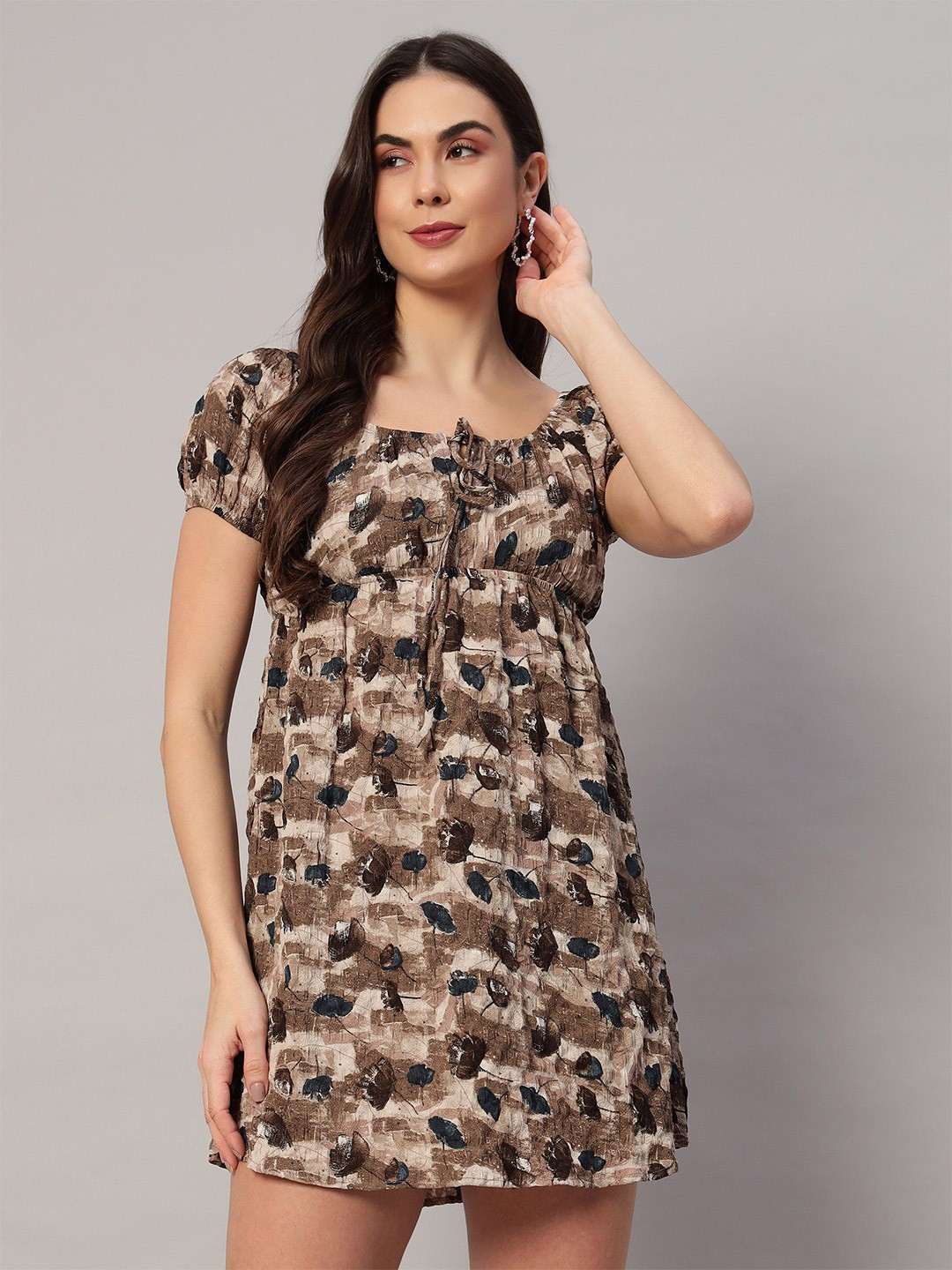 

ROCK AND ROLL Floral Printed Puff Sleeve Empire Mini Dress, Brown