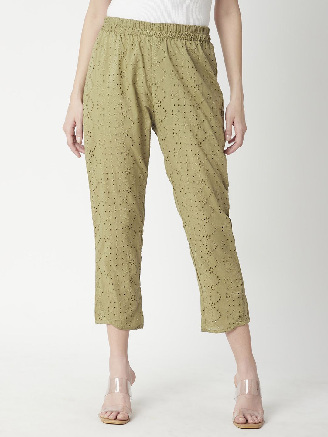 

R&B Women Floral Printed Straight Cropped Palazzos, Green