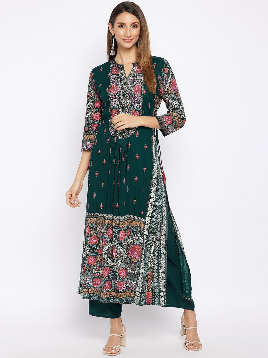 

Prakhya Women Floral Printed Regular Mirror Work Pure Cotton Kurta with Trousers, Green