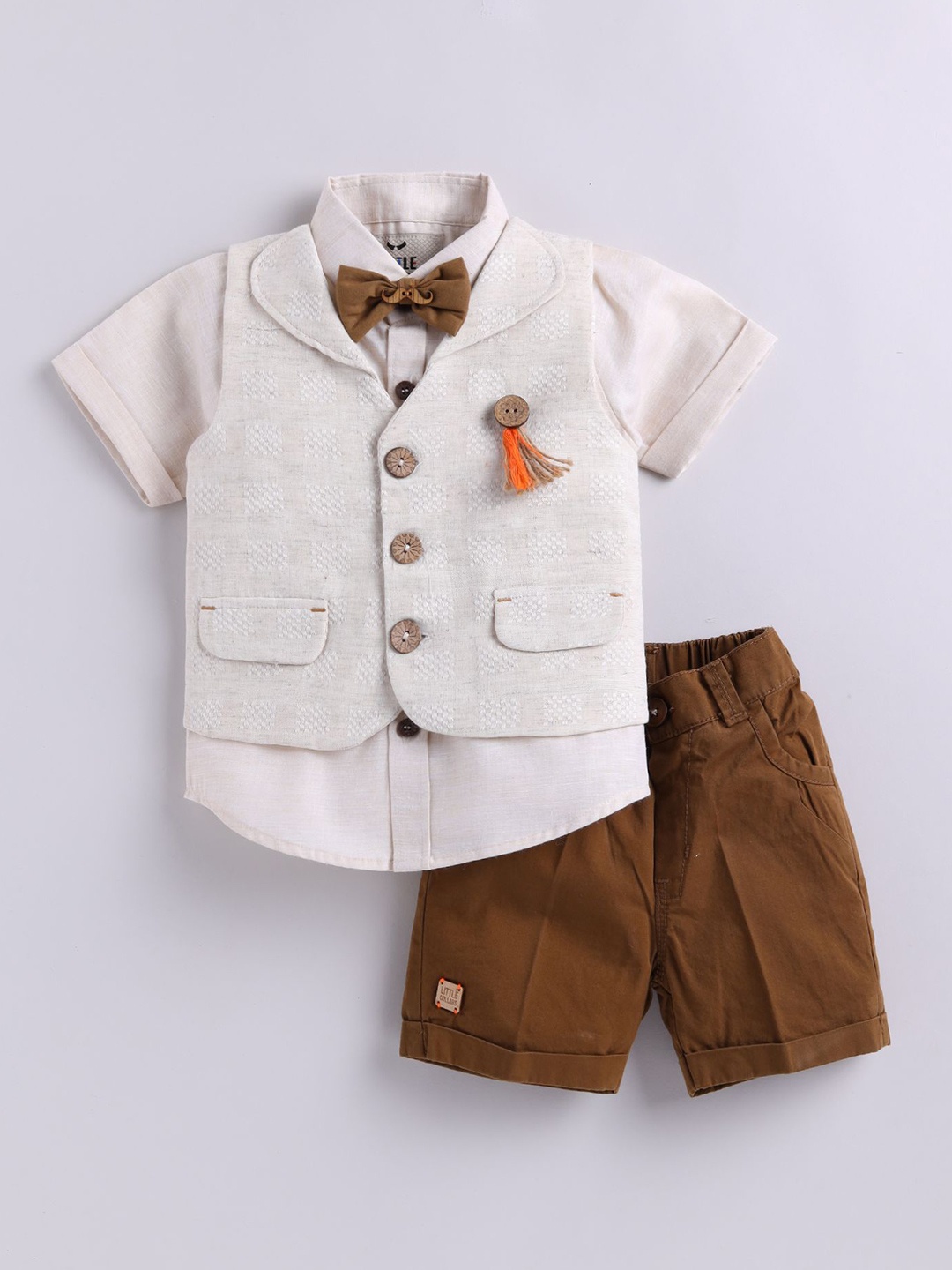 

LITTLE COLLARS Boys Printed Shirt with Shorts, Cream