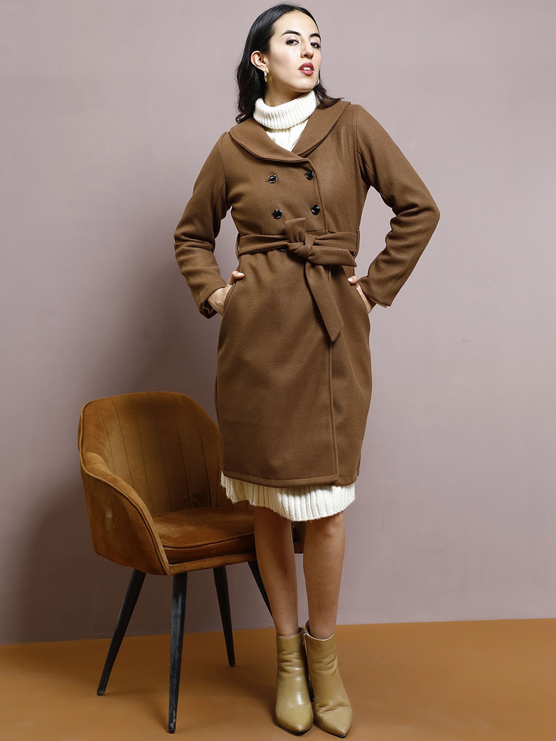 

Athena Women Wool Shawl Collar Single-Breasted Longline Overcoat, Brown