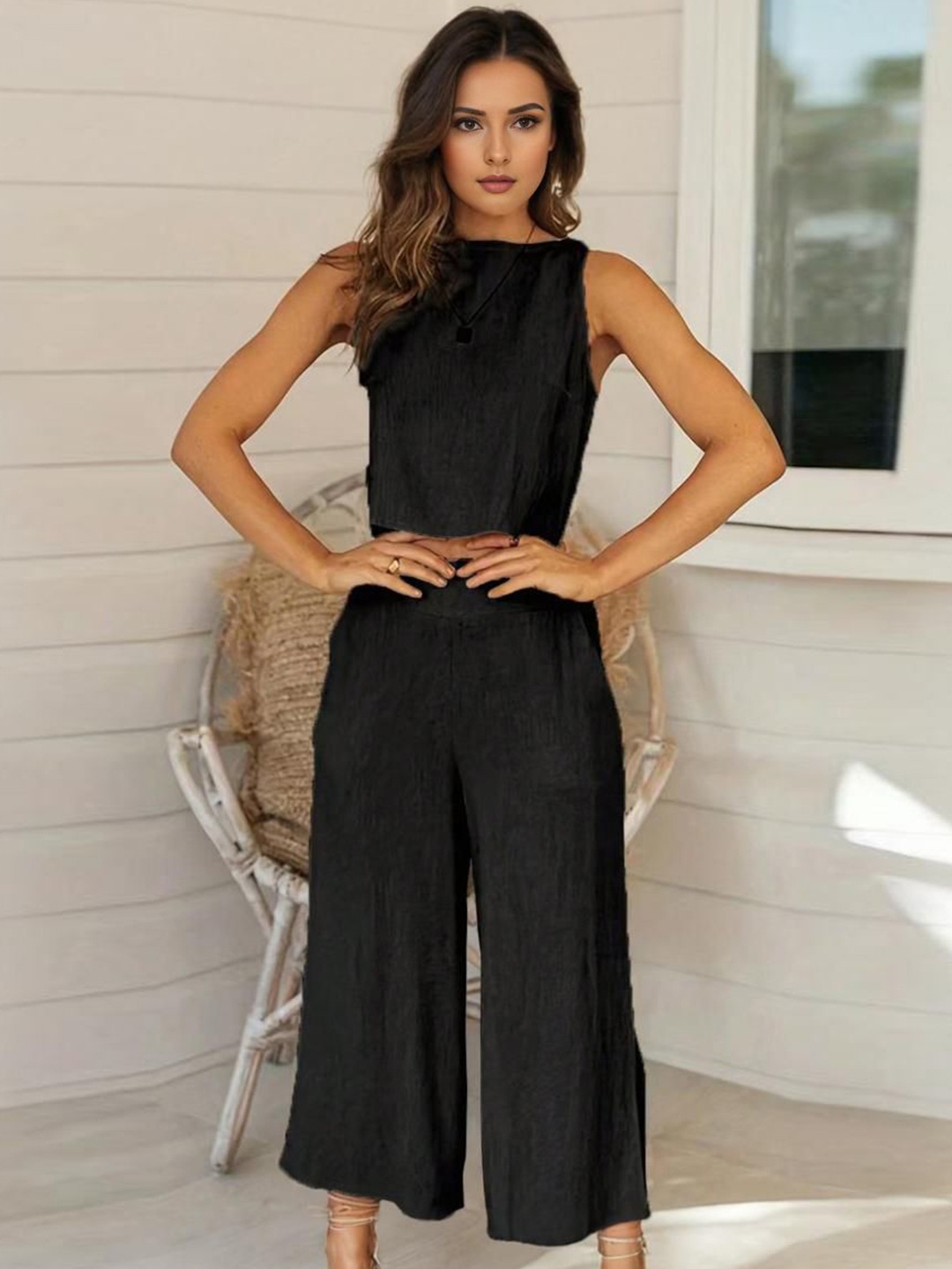 

StyleCast Round Neck Top & Trousers Co-Ords, Black